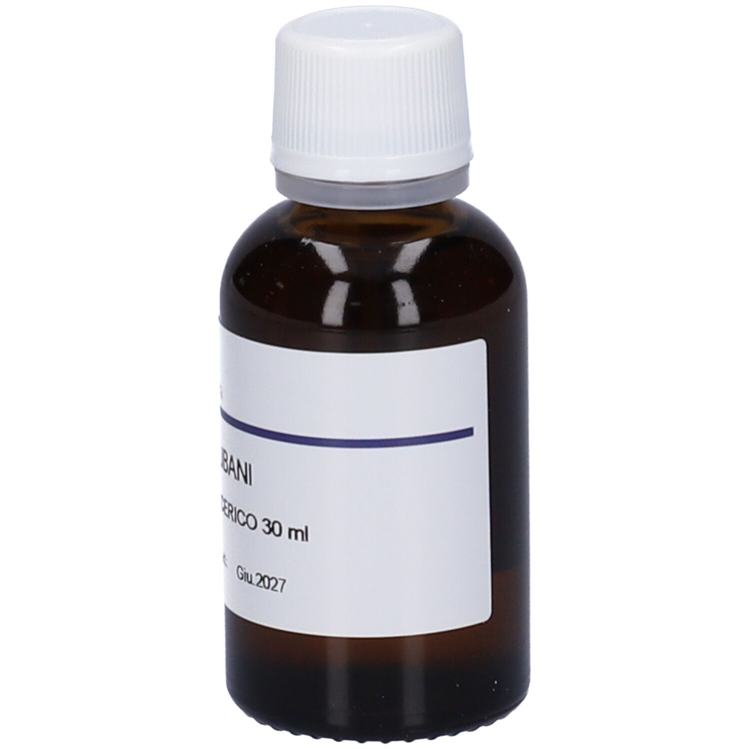 Flacone di vetro marrone con tappo bianco ed etichetta. L'etichetta riporta "LIBANI Macerato Glicerico 30 ml".