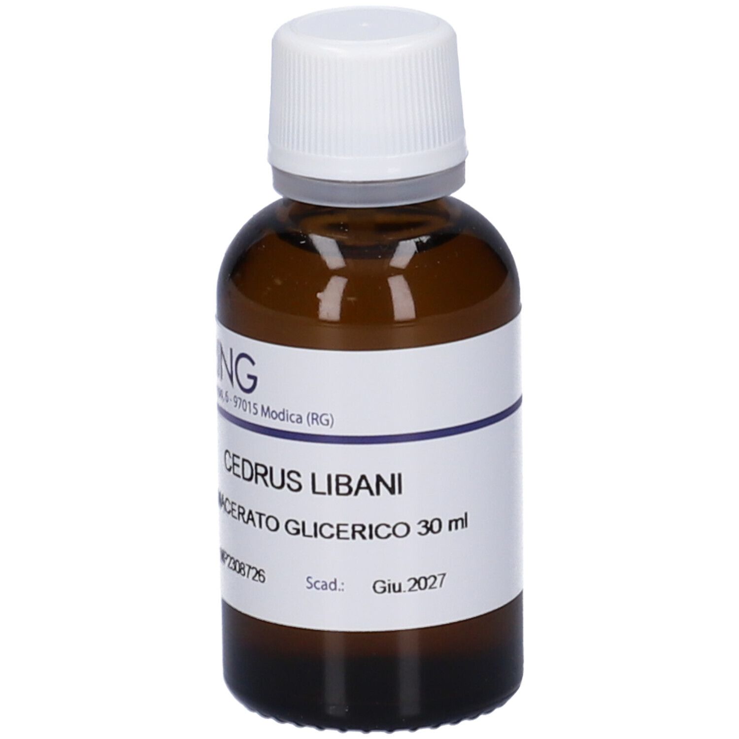 Flacone di vetro marrone con tappo bianco ed etichetta. L'etichetta riporta "CEDRUS LIBANI Macerato Glicerico 30 ml".