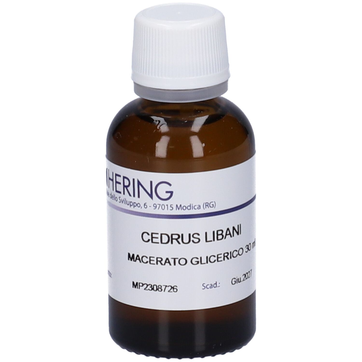 Flacone di vetro marrone con tappo bianco ed etichetta. L'etichetta riporta "CEDRUS LIBANI Macerato Glicerico 30 ml".