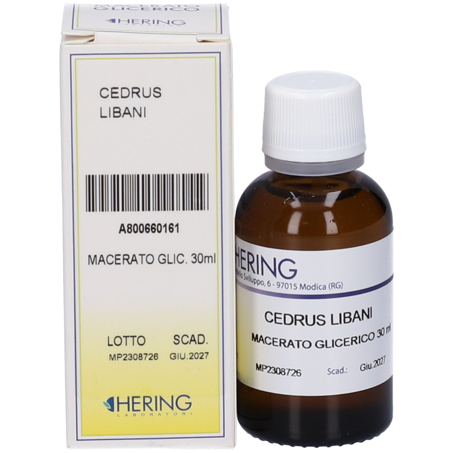 Flacone e confezione del prodotto. Sulla confezione c'è scritto "CEDRUS LIBANI Macerato Glic. 30ml".