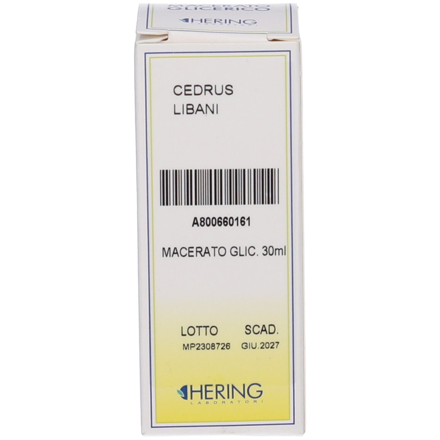 Confezione del prodotto con testo "CEDRUS LIBANI Macerato Glic. 30ml".