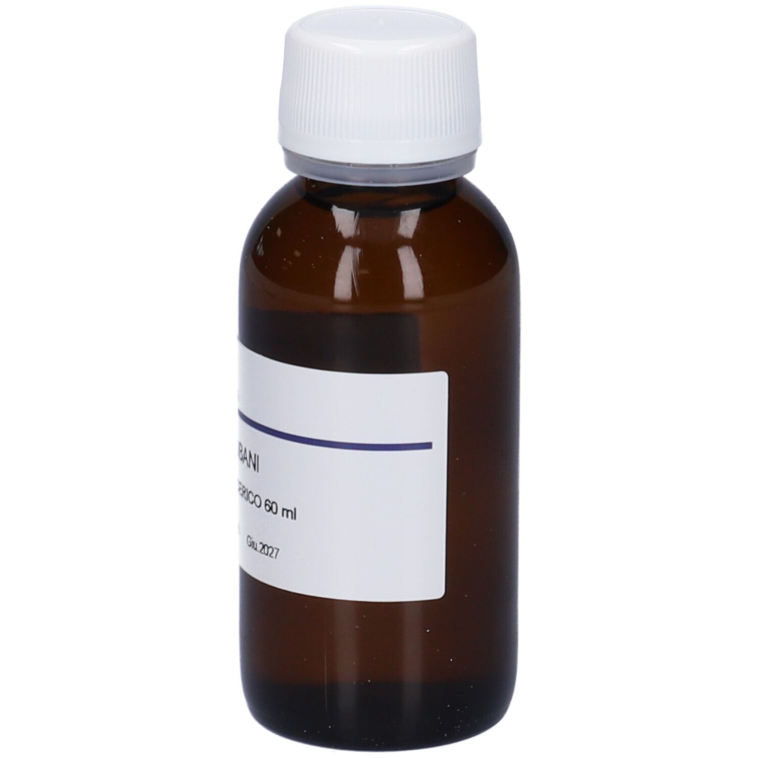 Flacone di vetro marrone con tappo bianco ed etichetta. Scritta: CEDRUS LIBANI, Macerato Glicerico. Marchio HERING.