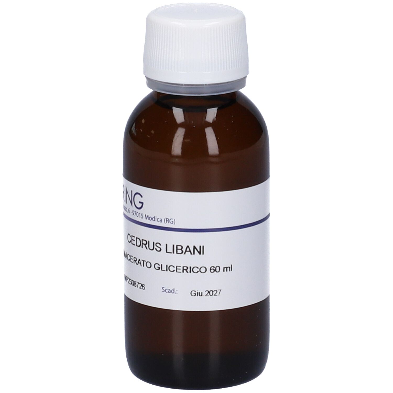 Flacone di vetro marrone con tappo bianco ed etichetta. Scritta: CEDRUS LIBANI, Macerato Glicerico. Marchio HERING.