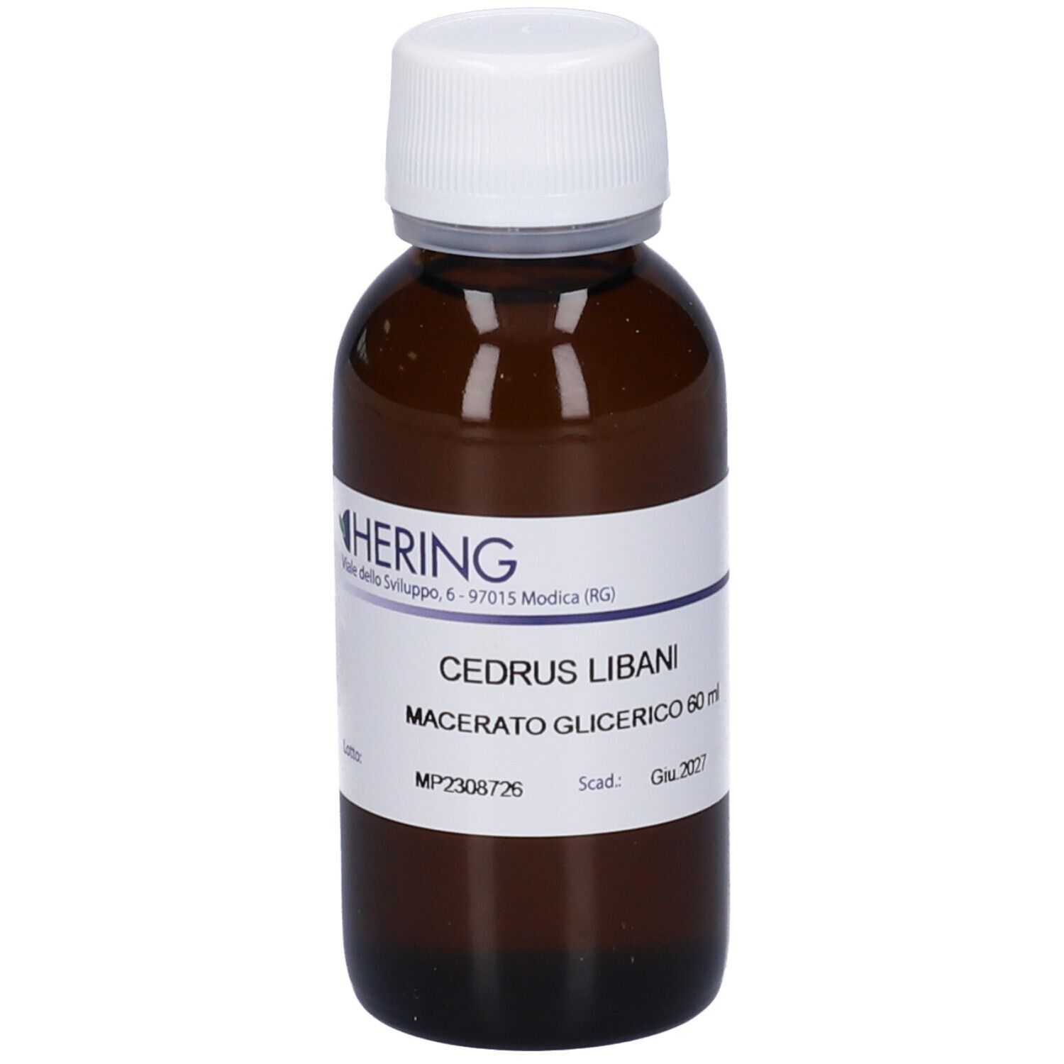 Flacone di vetro marrone con tappo bianco ed etichetta. Scritta: CEDRUS LIBANI, Macerato Glicerico. Marchio HERING.
