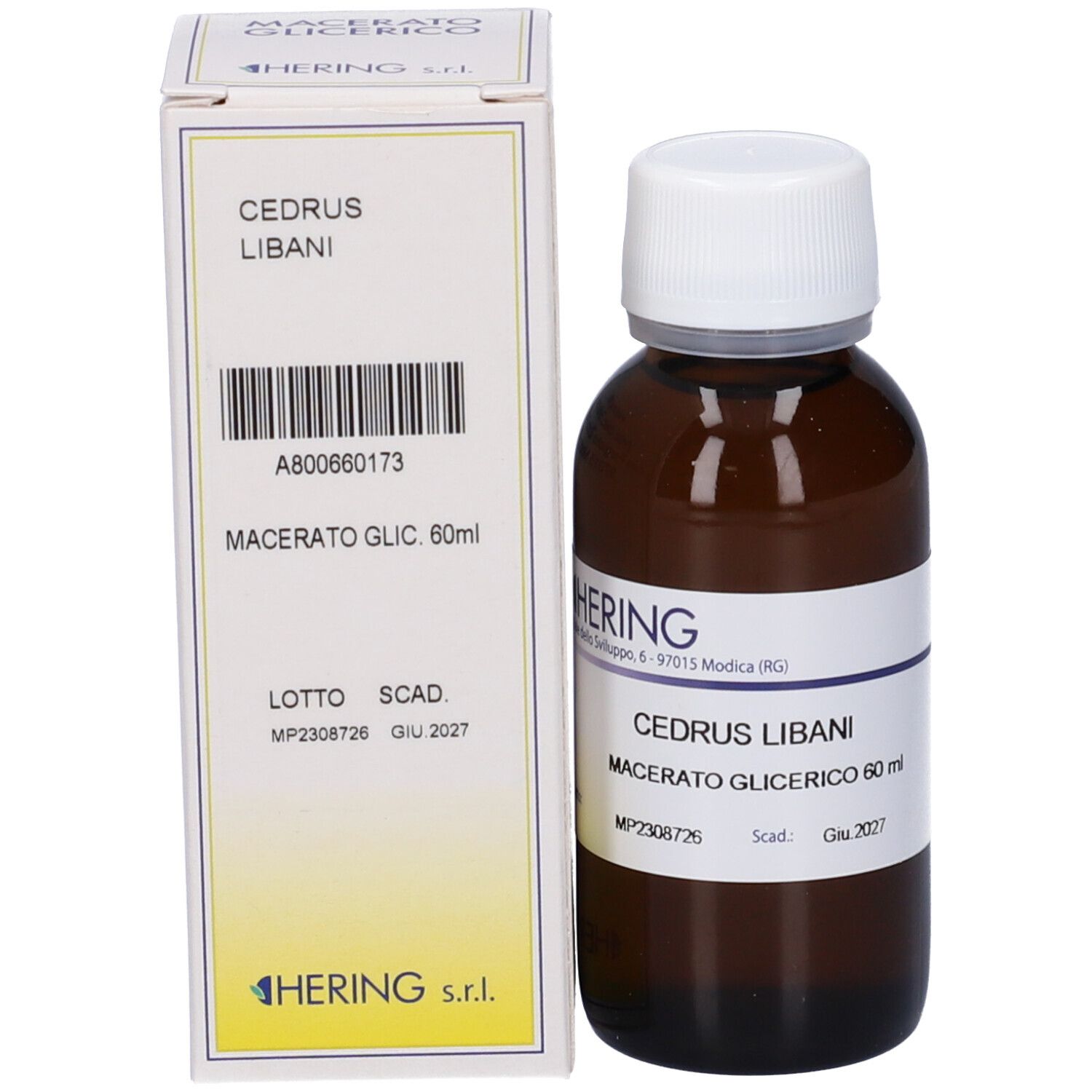 Flacone e confezione del prodotto. Flacone marrone con tappo bianco. Confezione con nome del prodotto e marchio HERING.