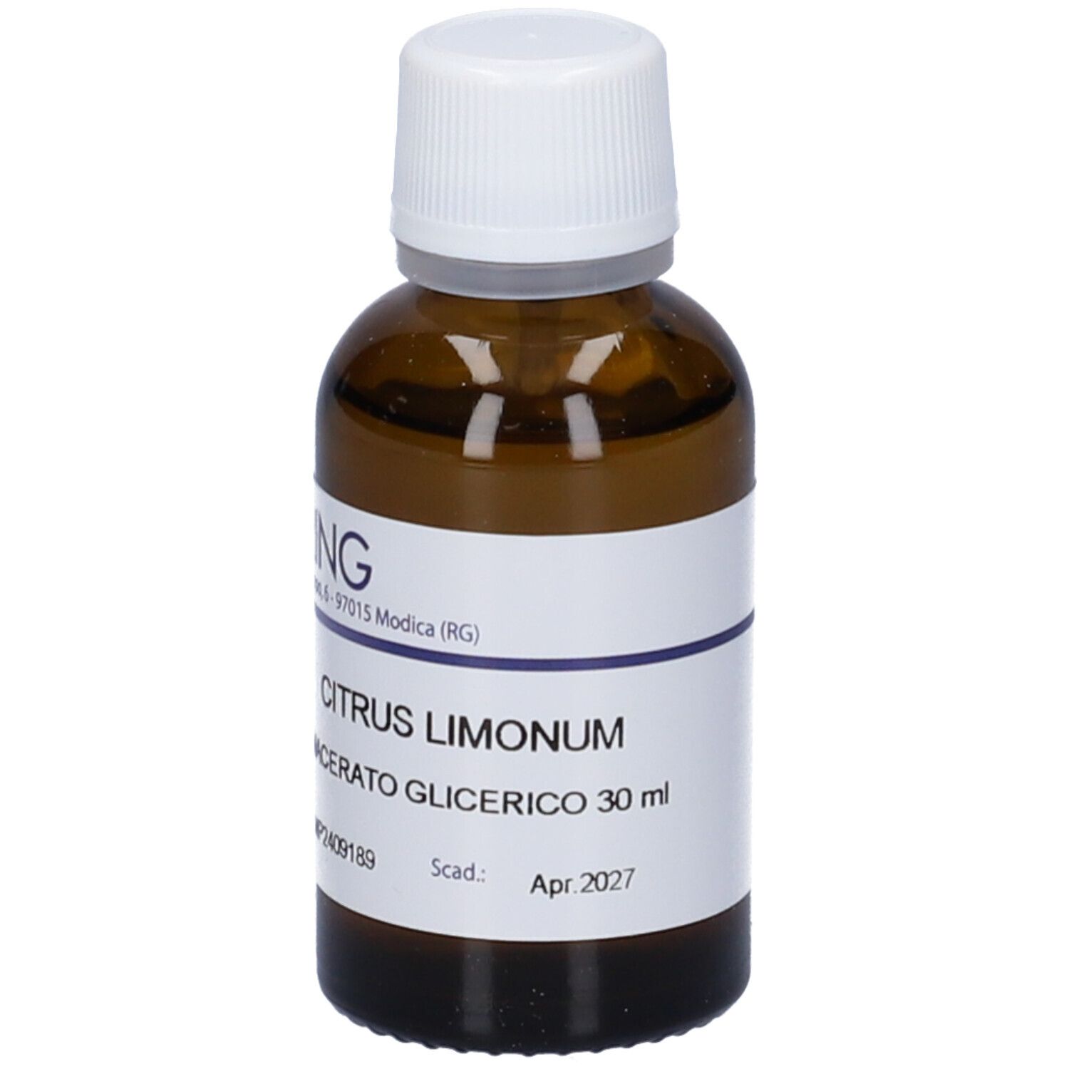 Flacone di vetro marrone con tappo bianco ed etichetta. Scritta: HERING, Citrus Limonum Macerato Glicerico 30 ml. Scadenza aprile 2027.