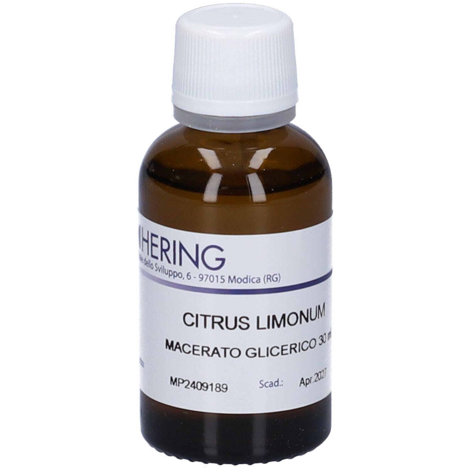 Flacone di vetro marrone con tappo bianco ed etichetta. Scritta: HERING, Citrus Limonum Macerato Glicerico 30 ml. Scadenza aprile 2027.