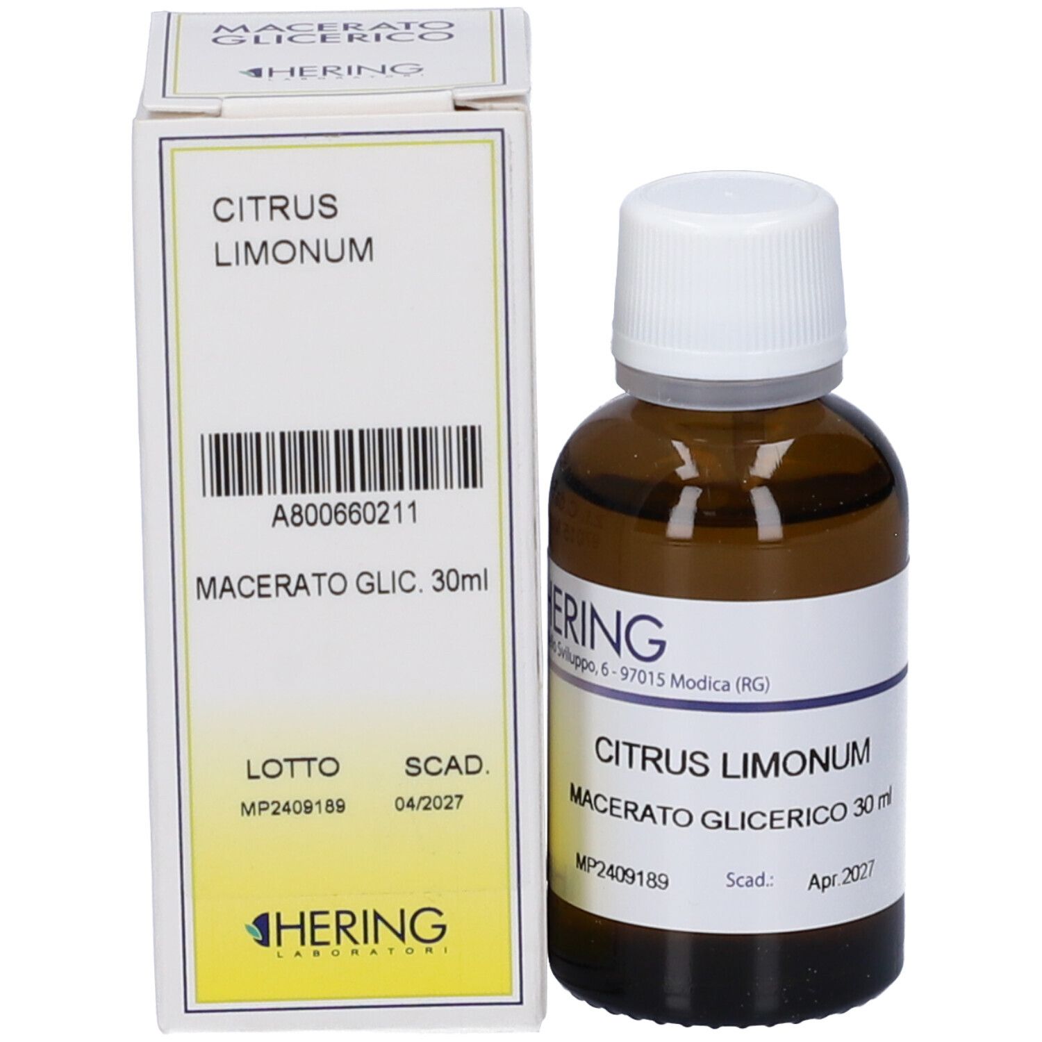 Flacone di vetro marrone con tappo bianco ed etichetta, accanto a una scatola bianca. Sulla scatola: Citrus Limonum Macerato Glic. 30ml.
