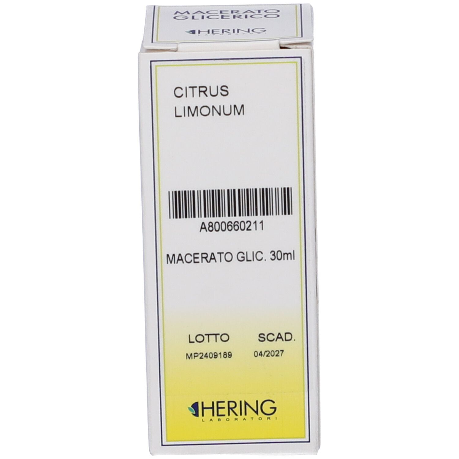 Scatola bianca con scritta: Citrus Limonum, Macerato Glic. 30ml. Logo HERING. Numero di lotto e scadenza stampati.