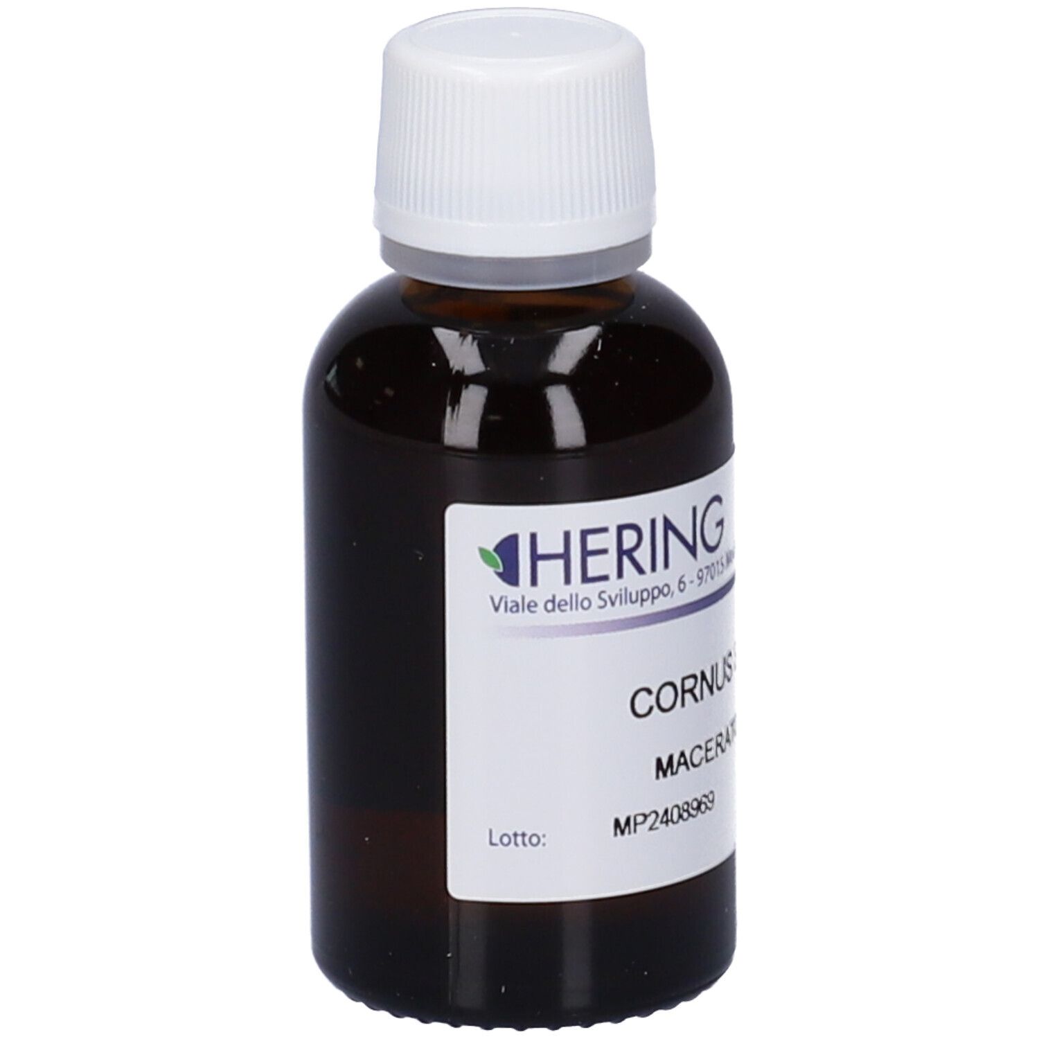 Flacone di vetro marrone con tappo bianco ed etichetta. Scritta: Cornus Sanguinea, Macerato Glicerico. Logo del produttore.