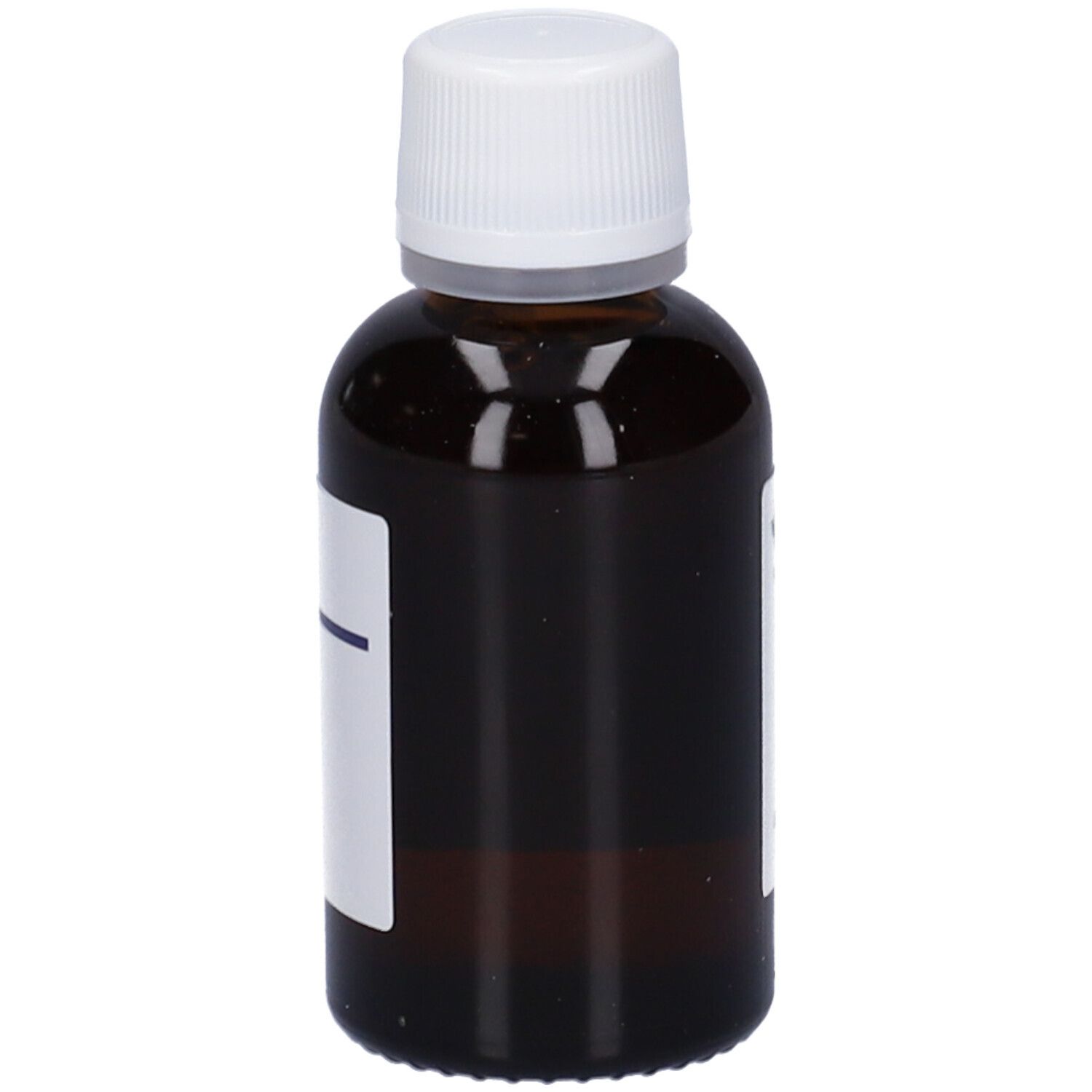 Flacone di vetro marrone con tappo bianco ed etichetta. Solo una parte dell'etichetta è visibile.