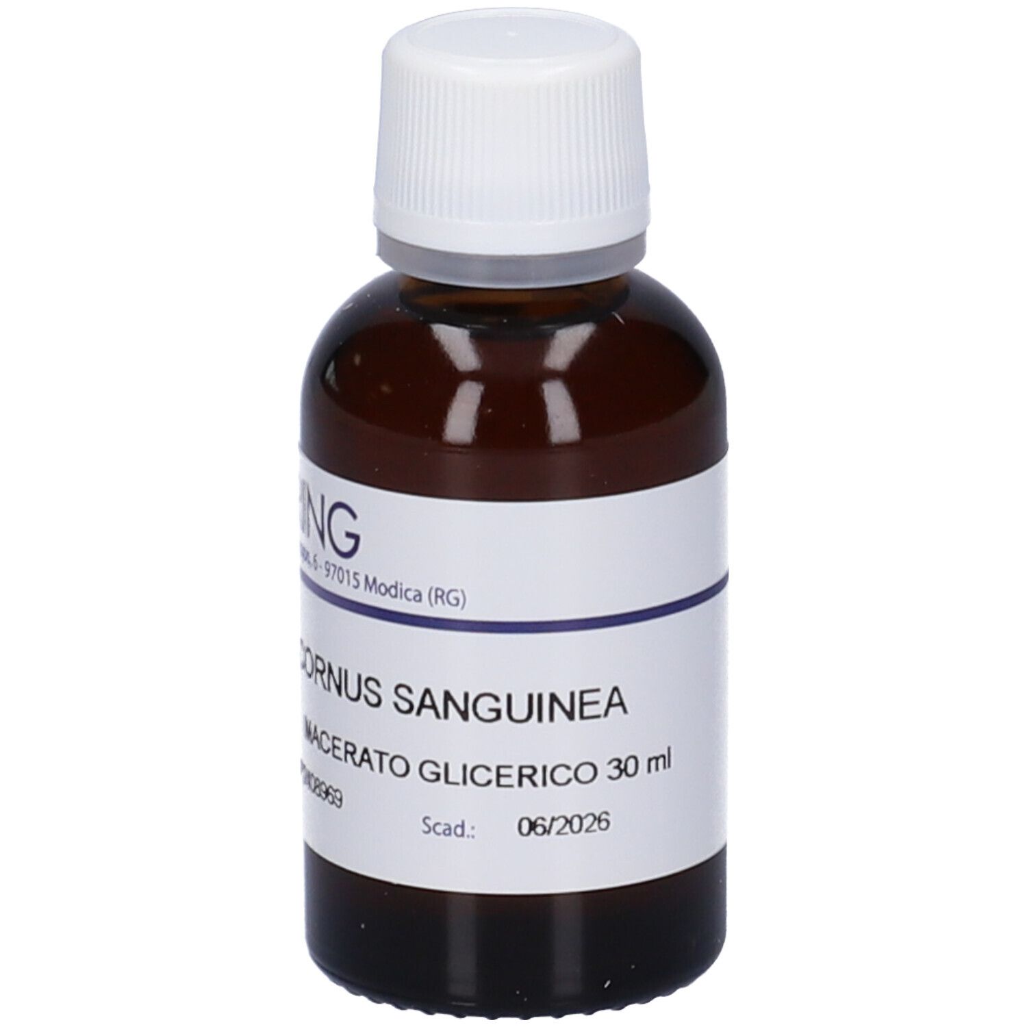 Flacone di vetro marrone con tappo bianco ed etichetta. Scritta: Cornus Sanguinea, Macerato Glicerico, 30 ml. Scadenza 06/2026.