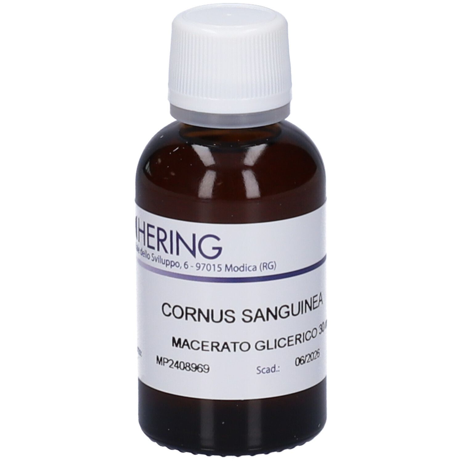 Flacone di vetro marrone con tappo bianco ed etichetta. Scritta: Cornus Sanguinea, Macerato Glicerico, 30 ml. Scadenza 06/2025.