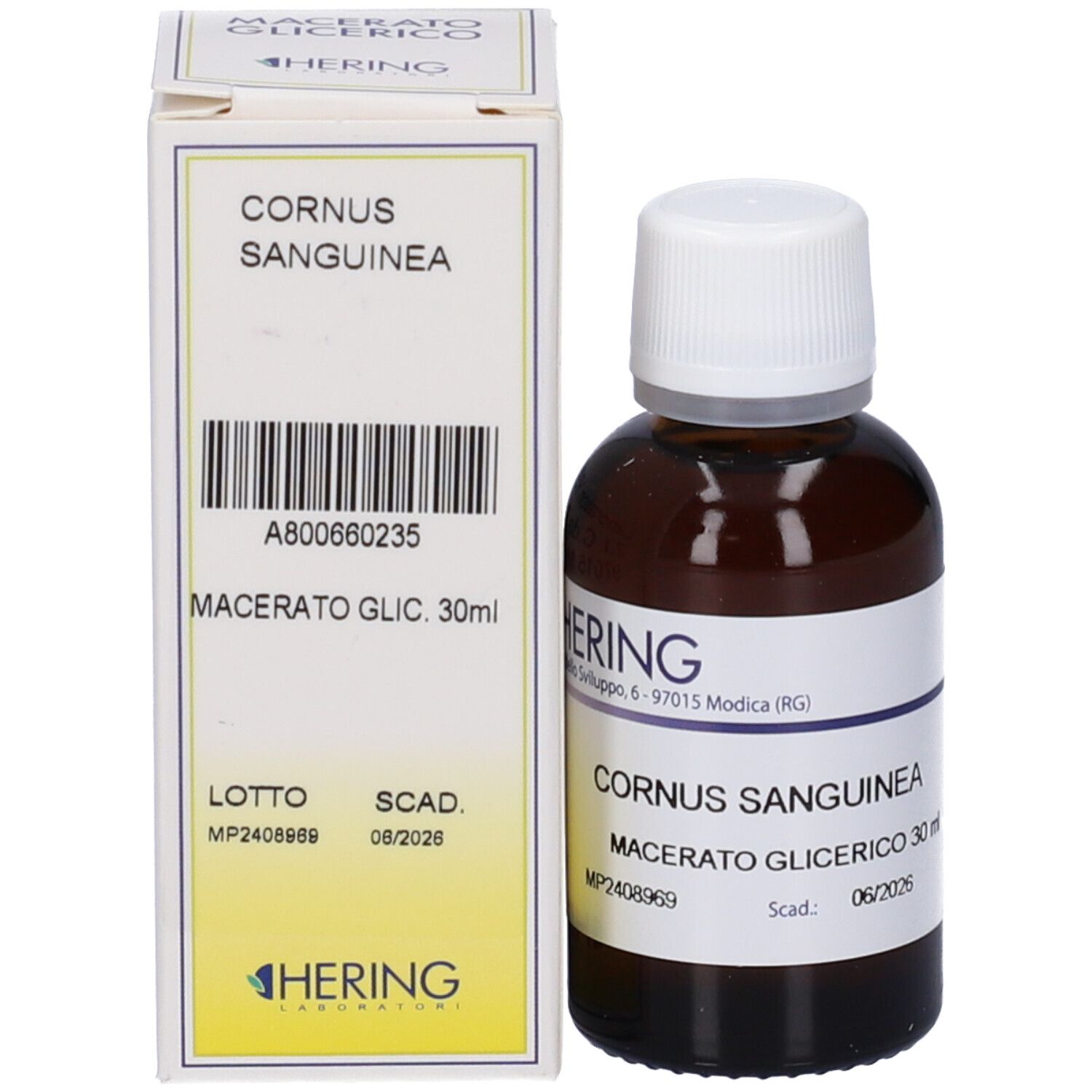 Flacone di vetro marrone con tappo bianco ed etichetta, accanto a una scatola bianca. Scritta: Cornus Sanguinea, Macerato Glicerico, 30 ml.