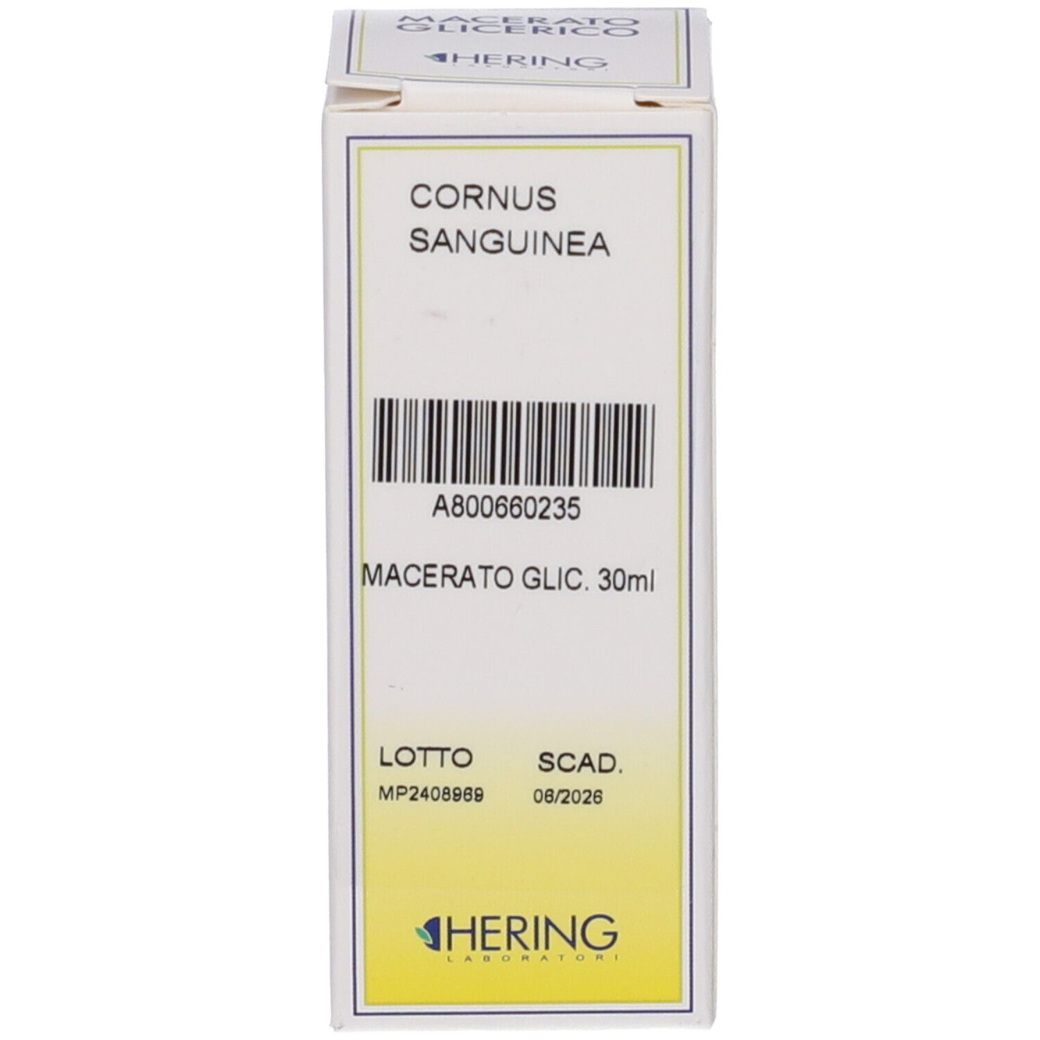 Scatola bianca con scritta: Cornus Sanguinea, Macerato Glicerico, 30 ml. Logo e codice a barre.