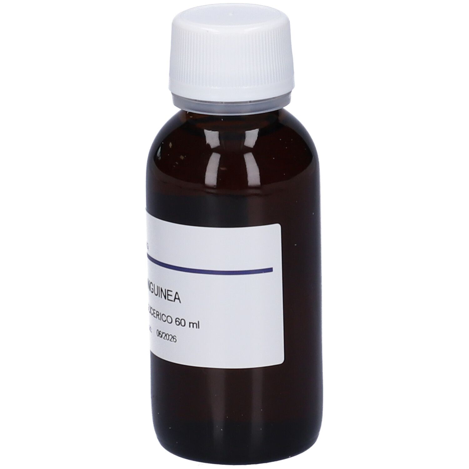 Flacone di vetro marrone con tappo bianco ed etichetta. Scritta: CORNUS SANGUINEA, Macerato Glicerico. Marchio: HERING.