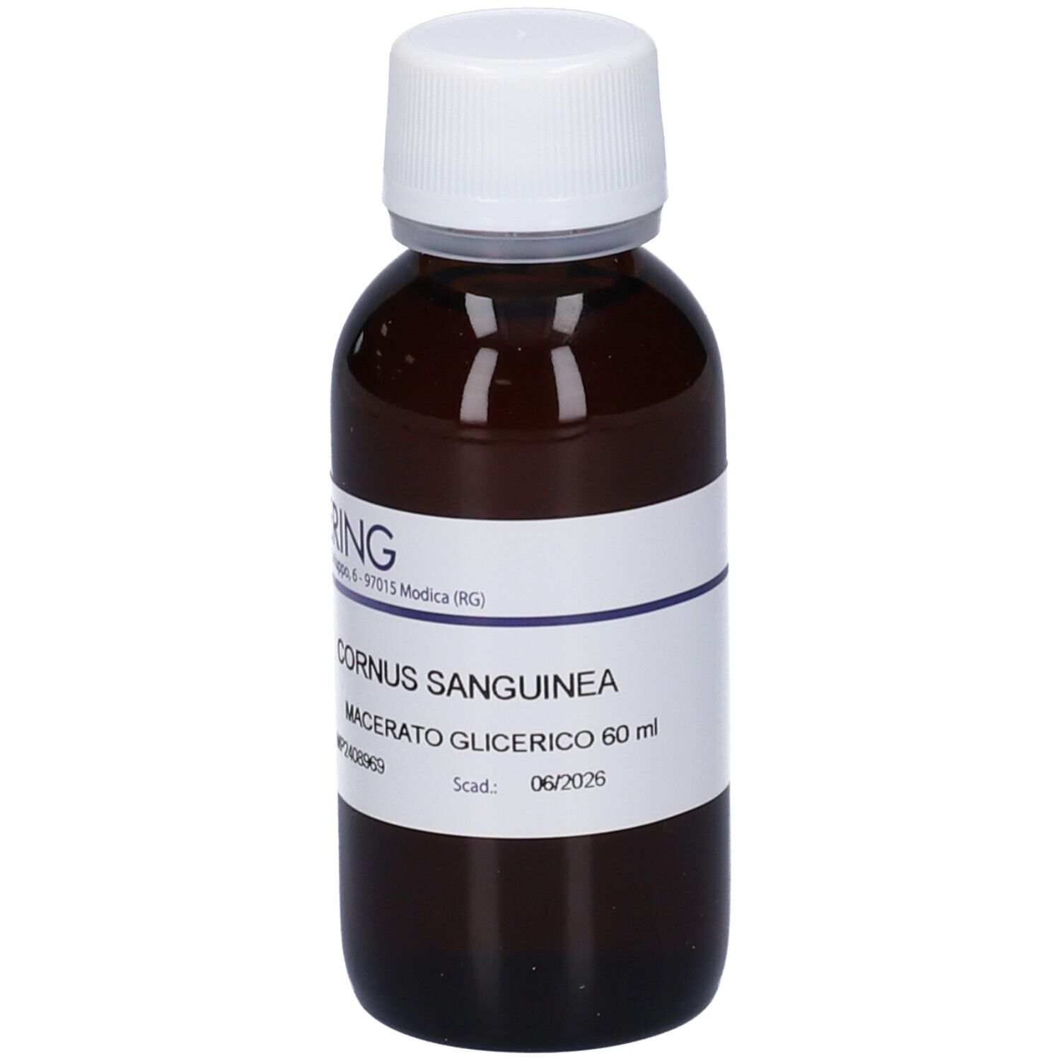 Flacone di vetro marrone con tappo bianco ed etichetta. Scritta: CORNUS SANGUINEA, Macerato Glicerico. Marchio: HERING.