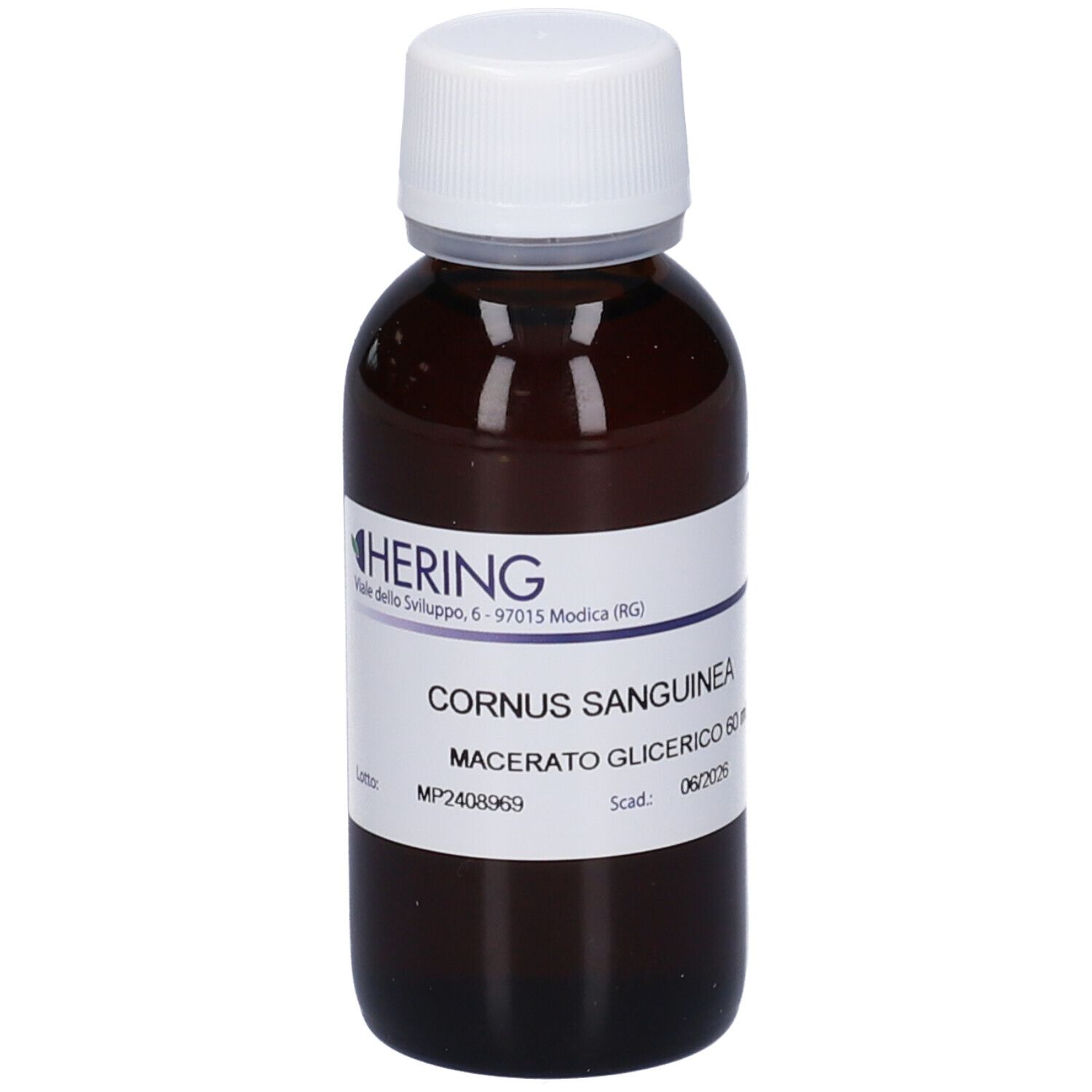 Flacone di vetro marrone con tappo bianco ed etichetta. Scritta: CORNUS SANGUINEA, Macerato Glicerico. Marchio: HERING.