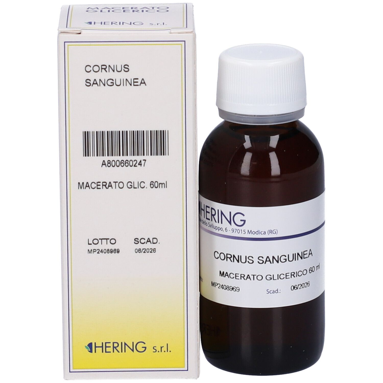 Flacone e confezione. Flacone: vetro marrone, tappo bianco, etichetta. Confezione: bianca, testo: CORNUS SANGUINEA, HERING.