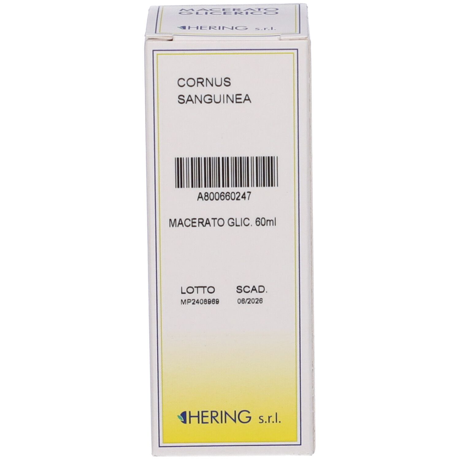 Confezione bianca. Scritta: CORNUS SANGUINEA, Macerato Glic. 60ml. Marchio: HERING. Con codice a barre.