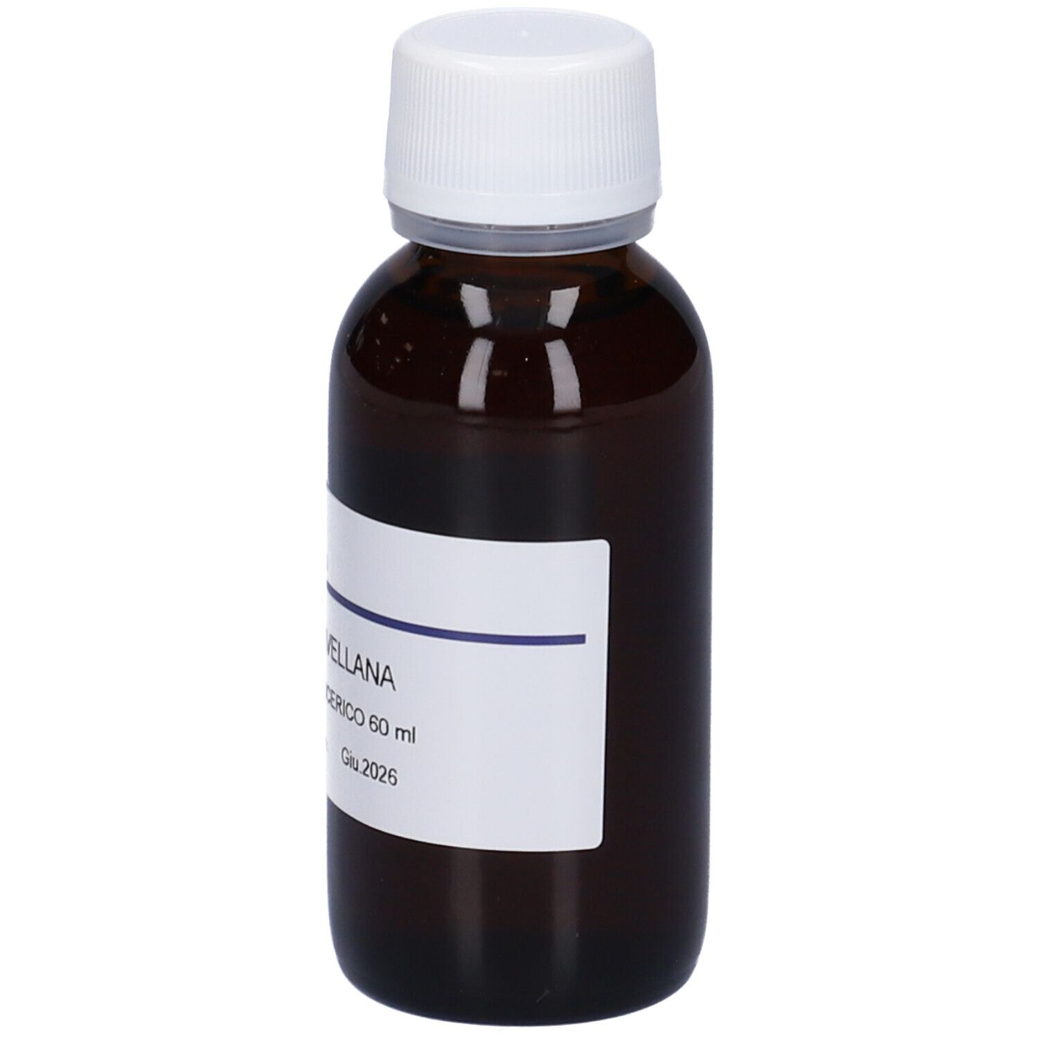 Flacone di vetro marrone con tappo bianco ed etichetta. Scritta: Corylus Avellana, Macerato Glicerico, 60 ml.
