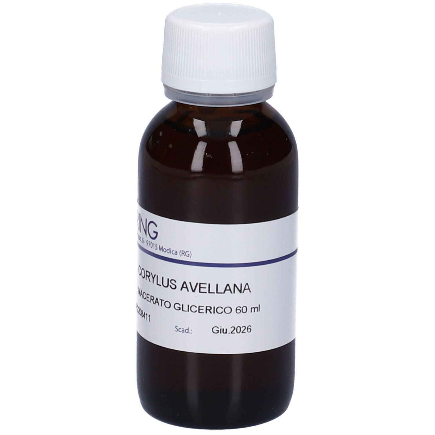 Flacone di vetro marrone con tappo bianco ed etichetta. Scritta: Corylus Avellana, Macerato Glicerico, 60 ml. Marchio HERING.