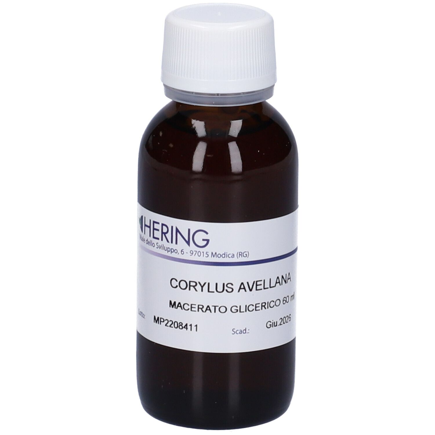 Flacone di vetro marrone con tappo bianco ed etichetta. Scritta: Corylus Avellana, Macerato Glicerico, 60 ml. Marchio HERING.