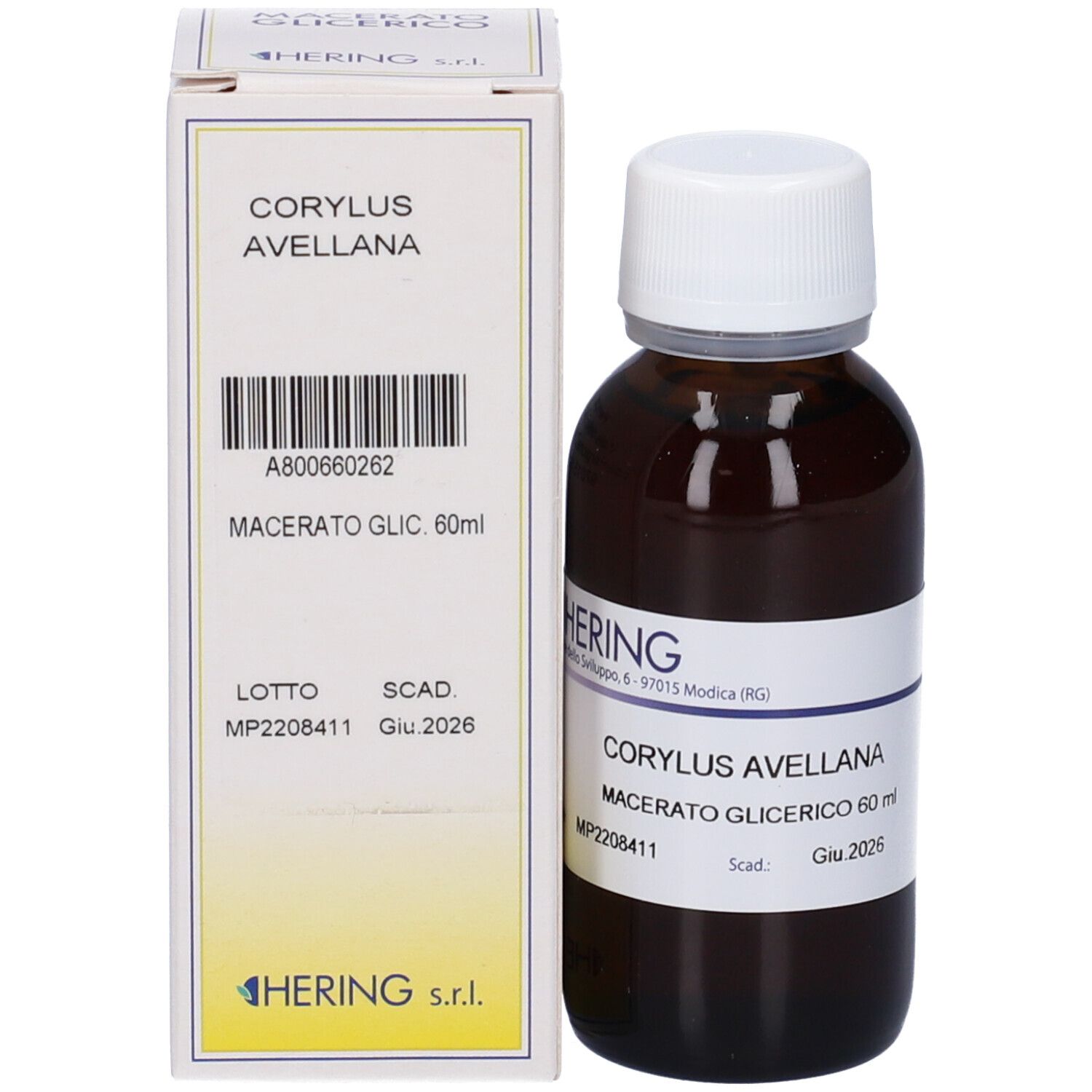 Confezione del prodotto con flacone e scatola. Scritta: Corylus Avellana, Macerato Glicerico, 60 ml. Marchio HERING.