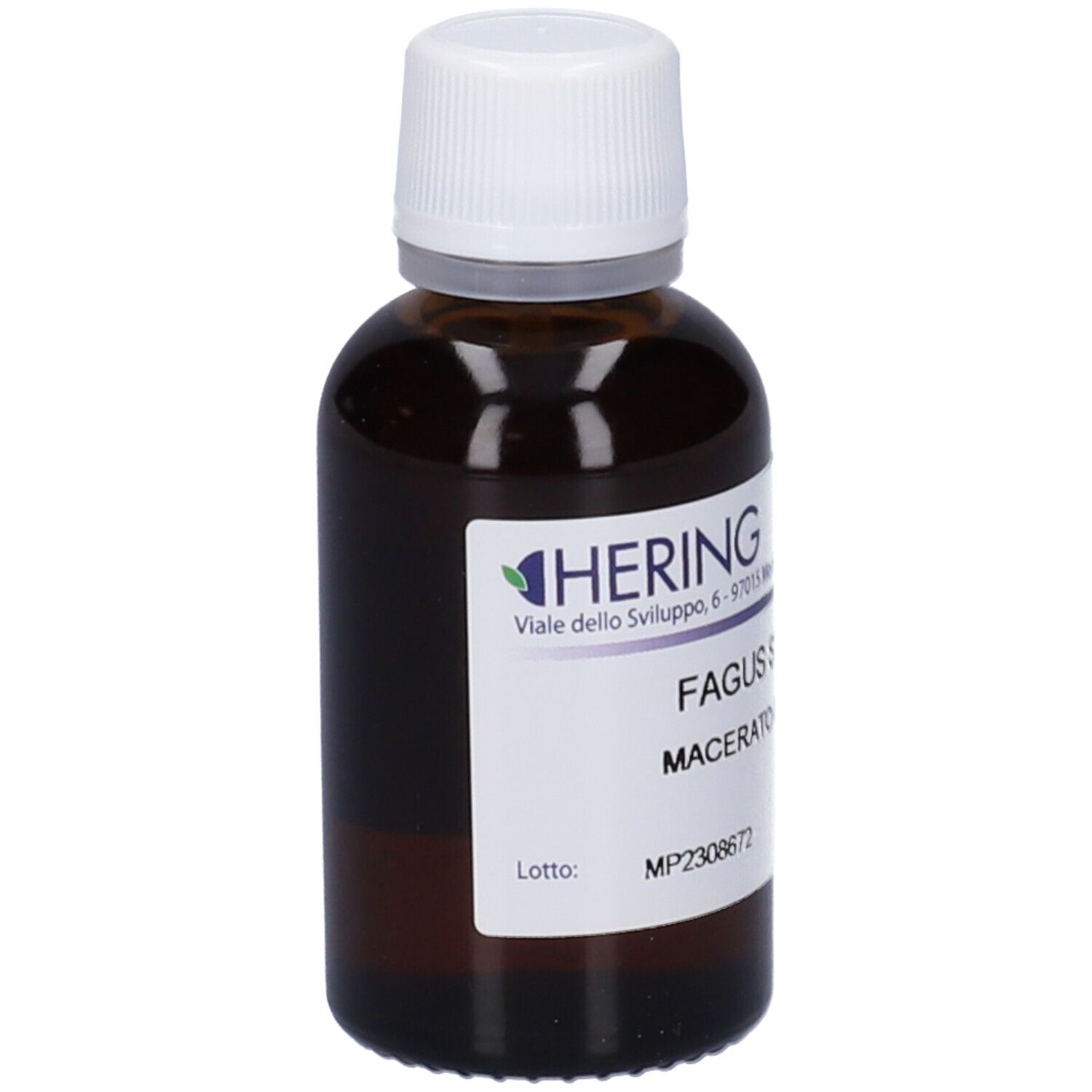Flacone di vetro marrone con tappo bianco ed etichetta. Scritta: Fagus Sylvatica, Macerato Glicerico. Marchio: HERING.