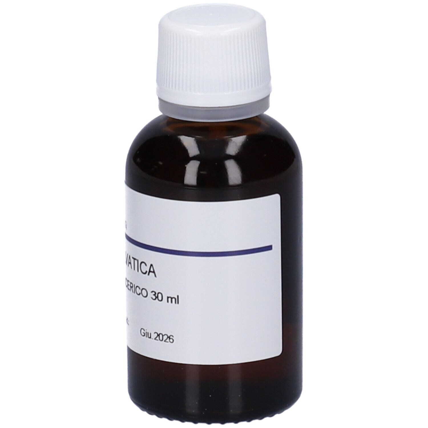 Flacone di vetro marrone con tappo bianco ed etichetta. Scritta: Fagus Sylvatica, Macerato Glicerico. Marchio: HERING.