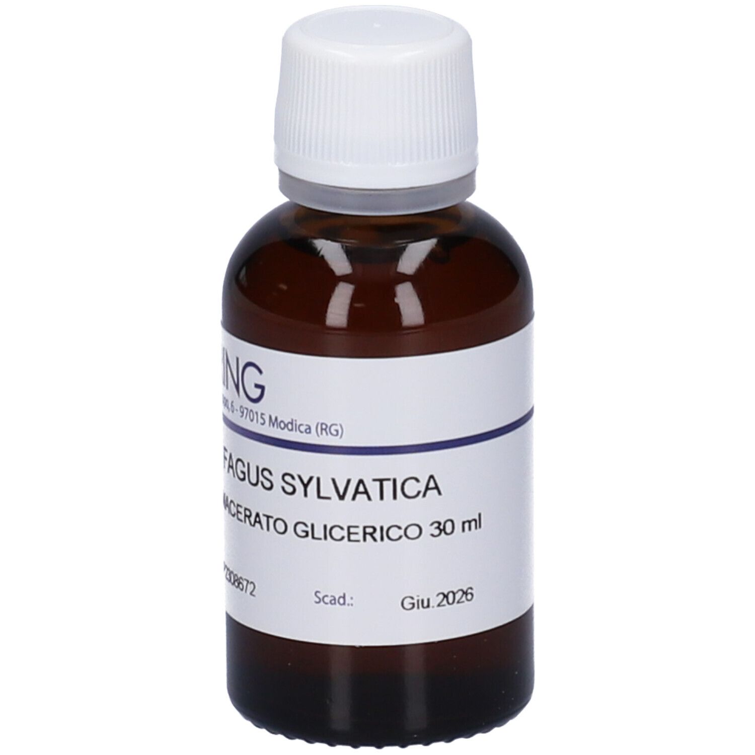 Flacone di vetro marrone con tappo bianco ed etichetta. Scritta: Fagus Sylvatica, Macerato Glicerico. Marchio: HERING.