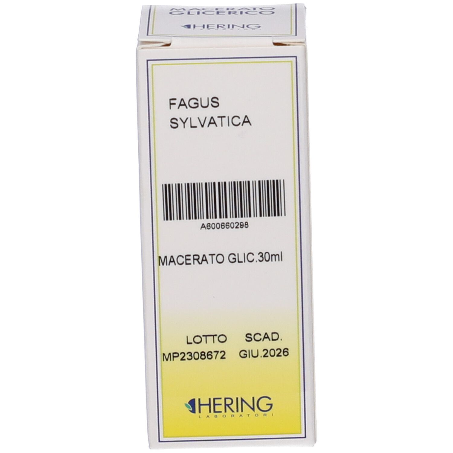 Confezione bianca del prodotto con codice a barre. Scritta: Fagus Sylvatica, Macerato Glic. 30ml. Marchio: HERING.