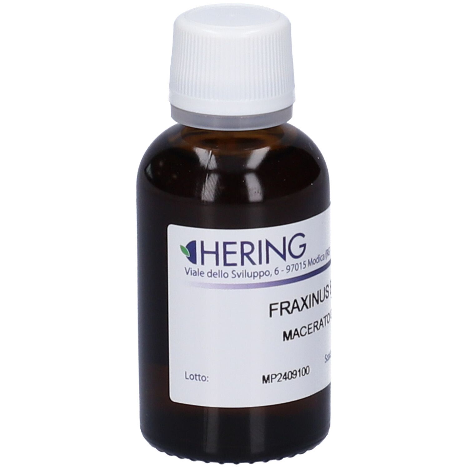 Flacone di vetro marrone con tappo bianco ed etichetta. Scritta: HERING, Fraxinus Excelsior Macerato Glicerico.