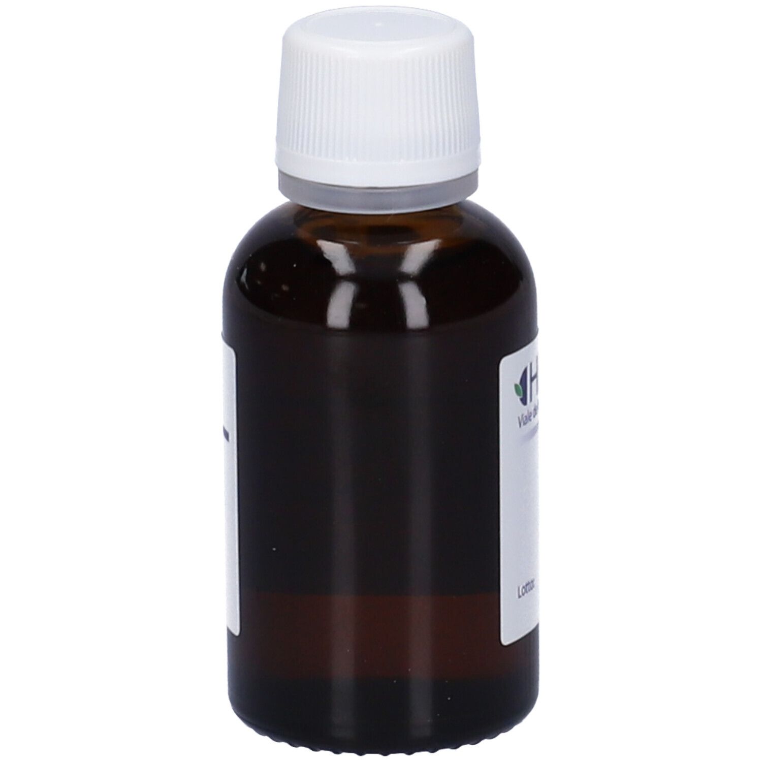 Flacone di vetro marrone con tappo bianco. Etichetta con informazioni sul prodotto. Informazioni del produttore sull'etichetta.