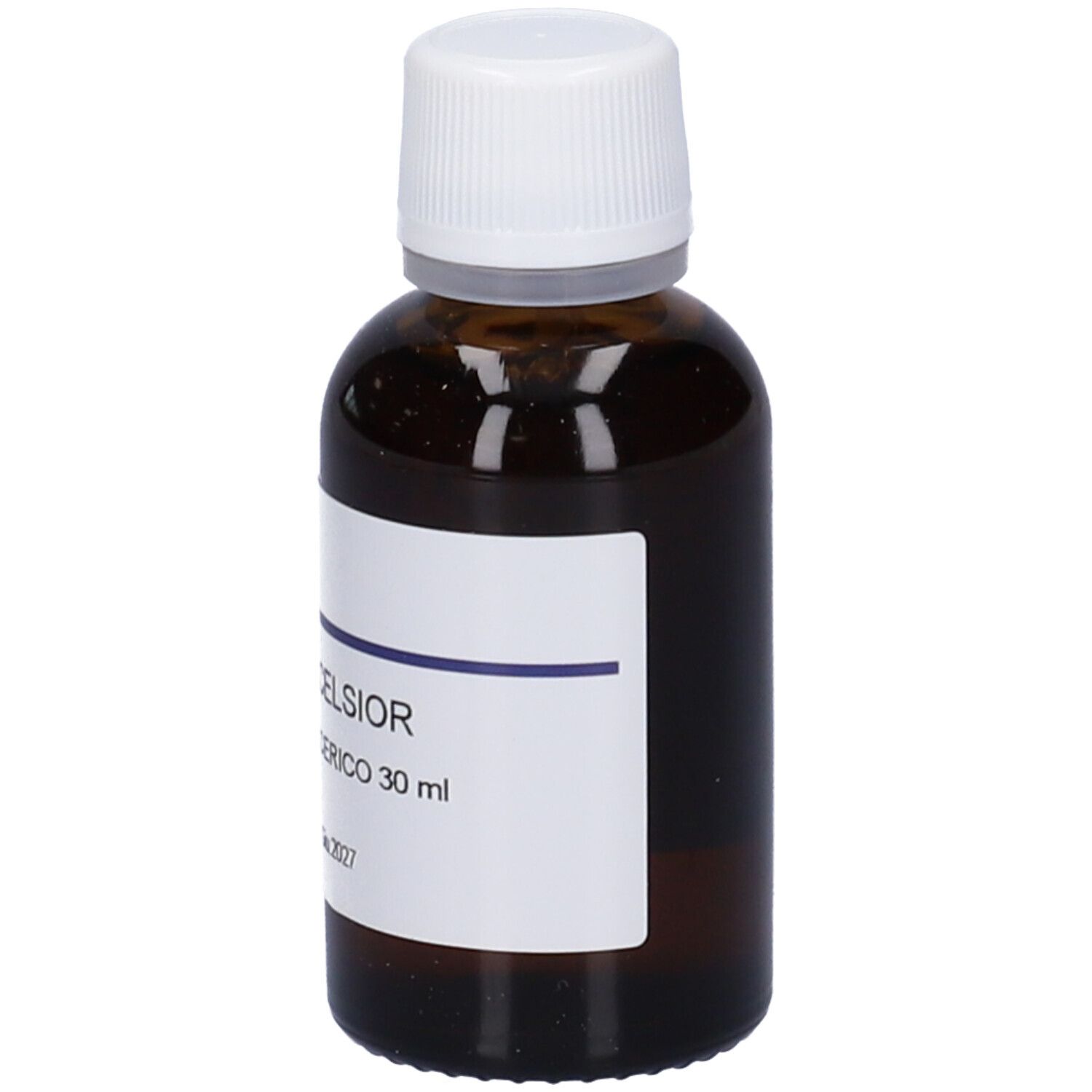 Flacone di vetro marrone con tappo bianco ed etichetta. Scritta: Fraxinus Excelsior Macerato Glicerico 30 ml.