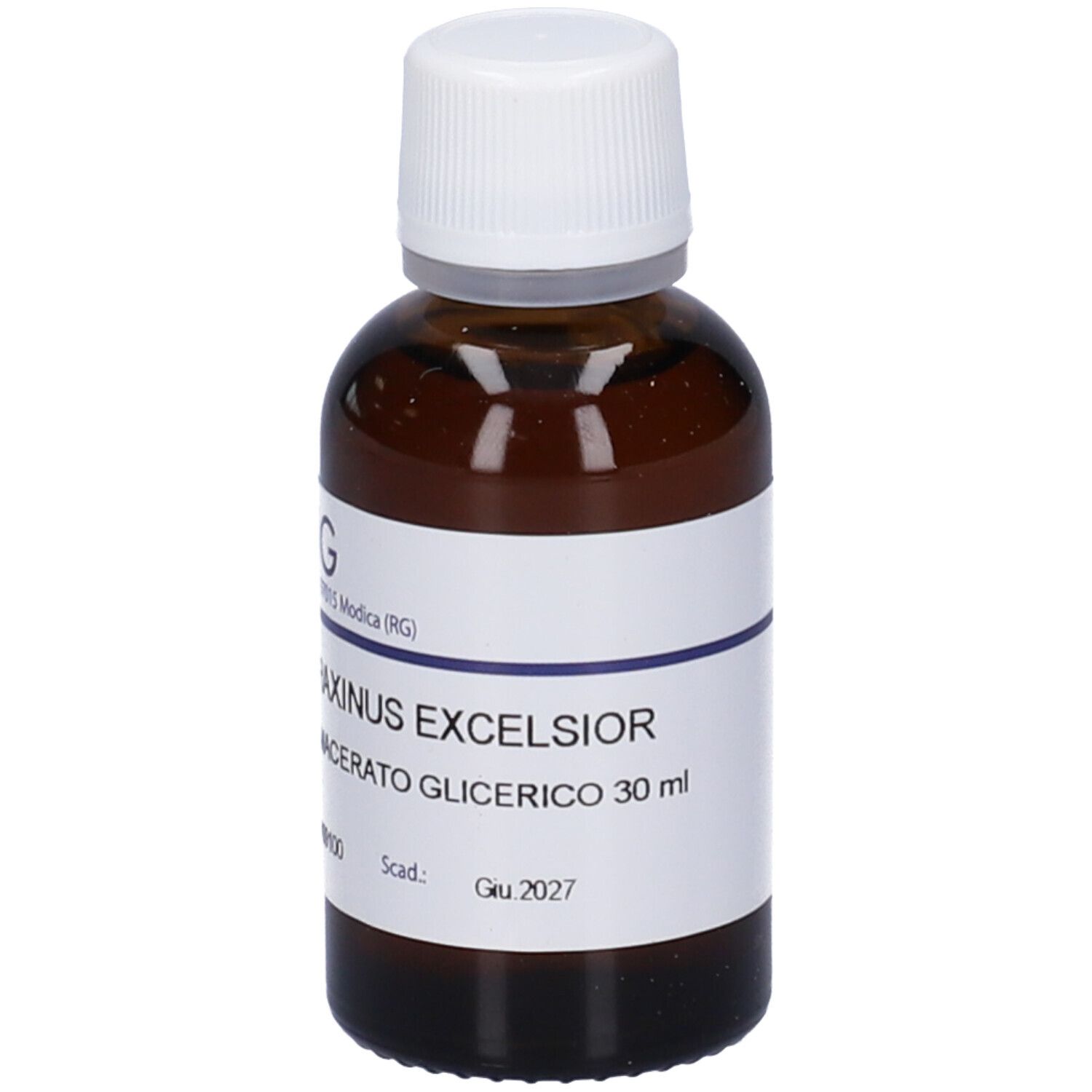 Flacone di vetro marrone con tappo bianco ed etichetta. Scritta: Fraxinus Excelsior Macerato Glicerico 30 ml.