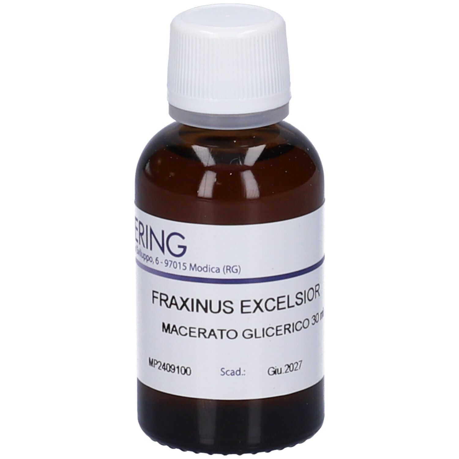 Flacone di vetro marrone con tappo bianco ed etichetta. Scritta: Fraxinus Excelsior Macerato Glicerico 30 ml.