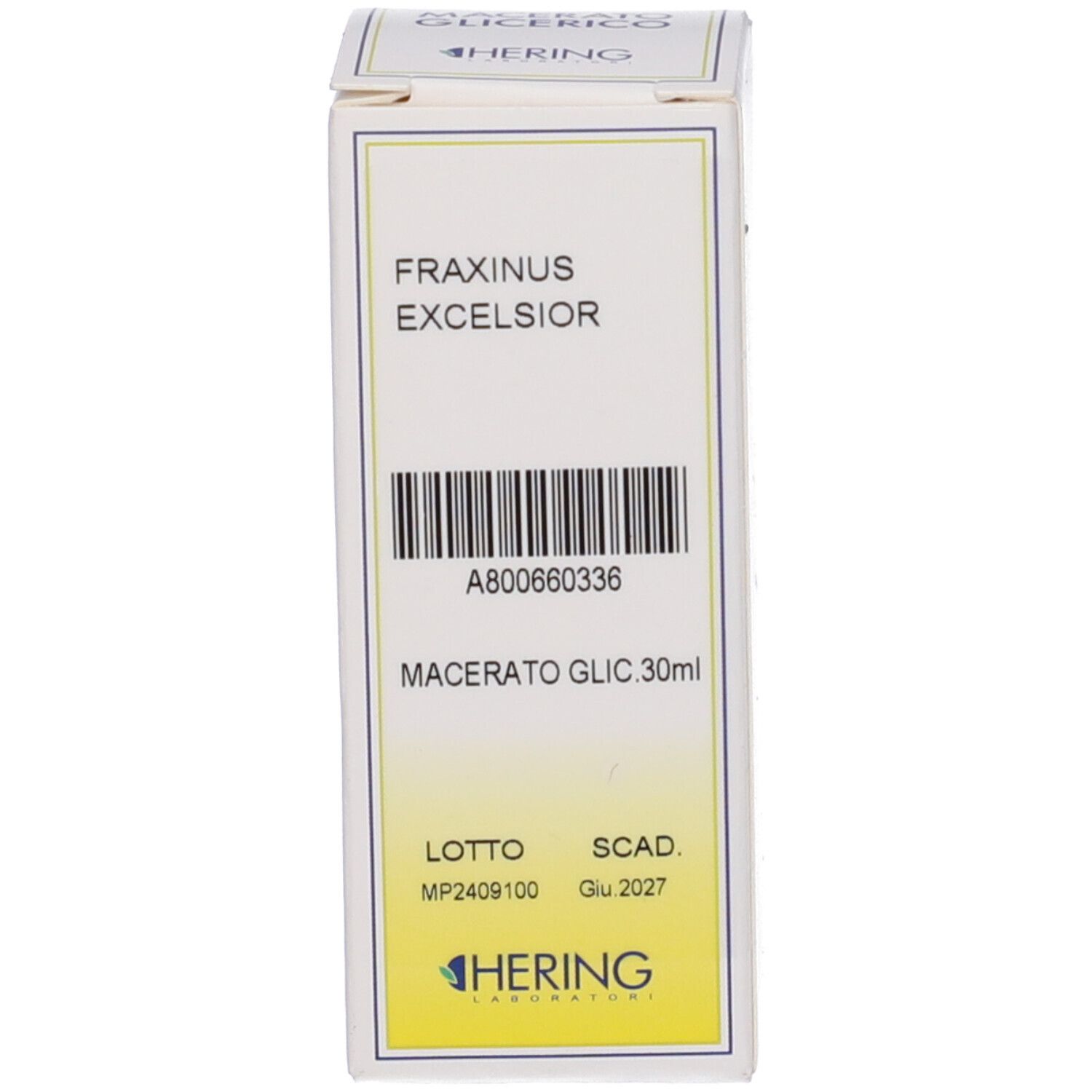 Confezione in cartone con informazioni sul prodotto. Scritta: Fraxinus Excelsior Macerato Glic 30ml.