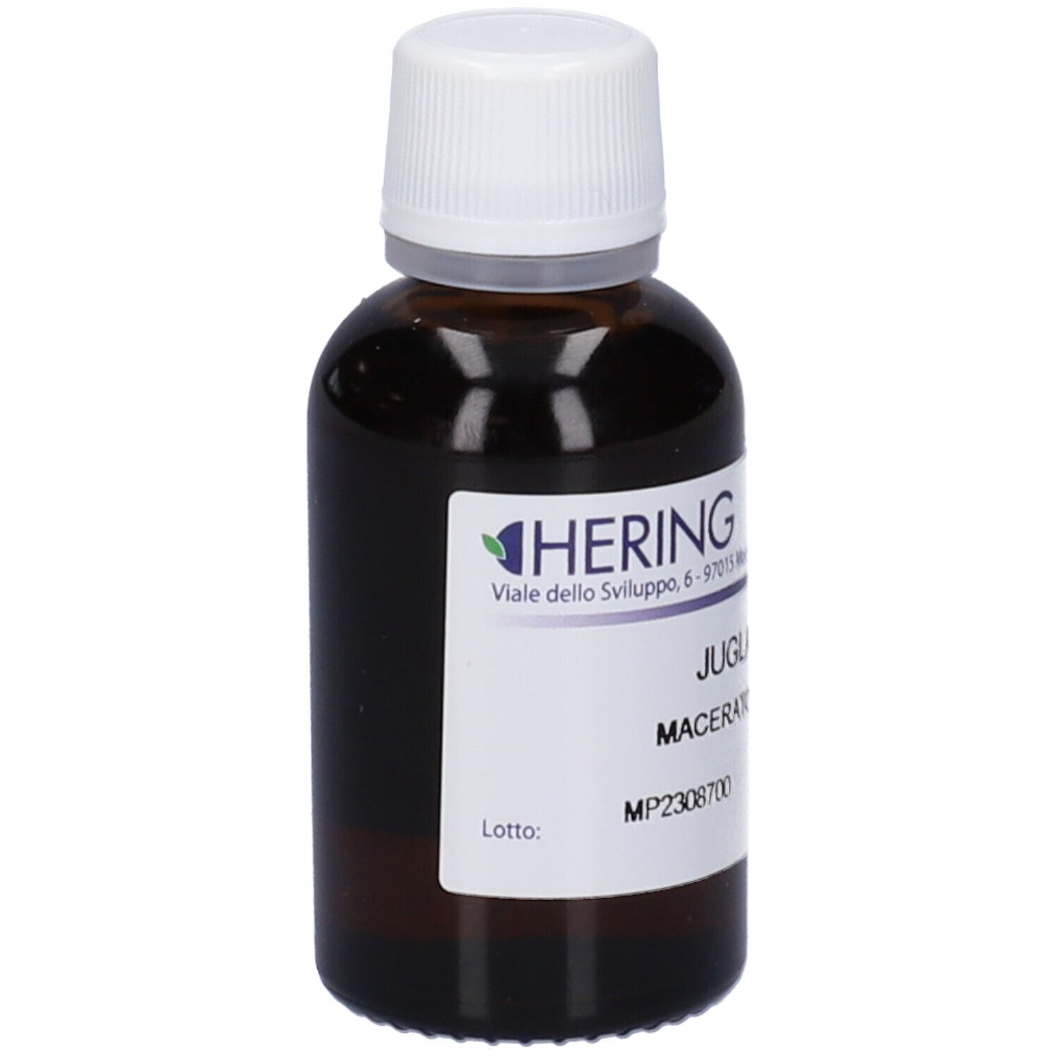 Flacone di vetro marrone con tappo bianco ed etichetta. Scritta: HERING, Juglans Regia, Macerato Glicerico. Numero di lotto.