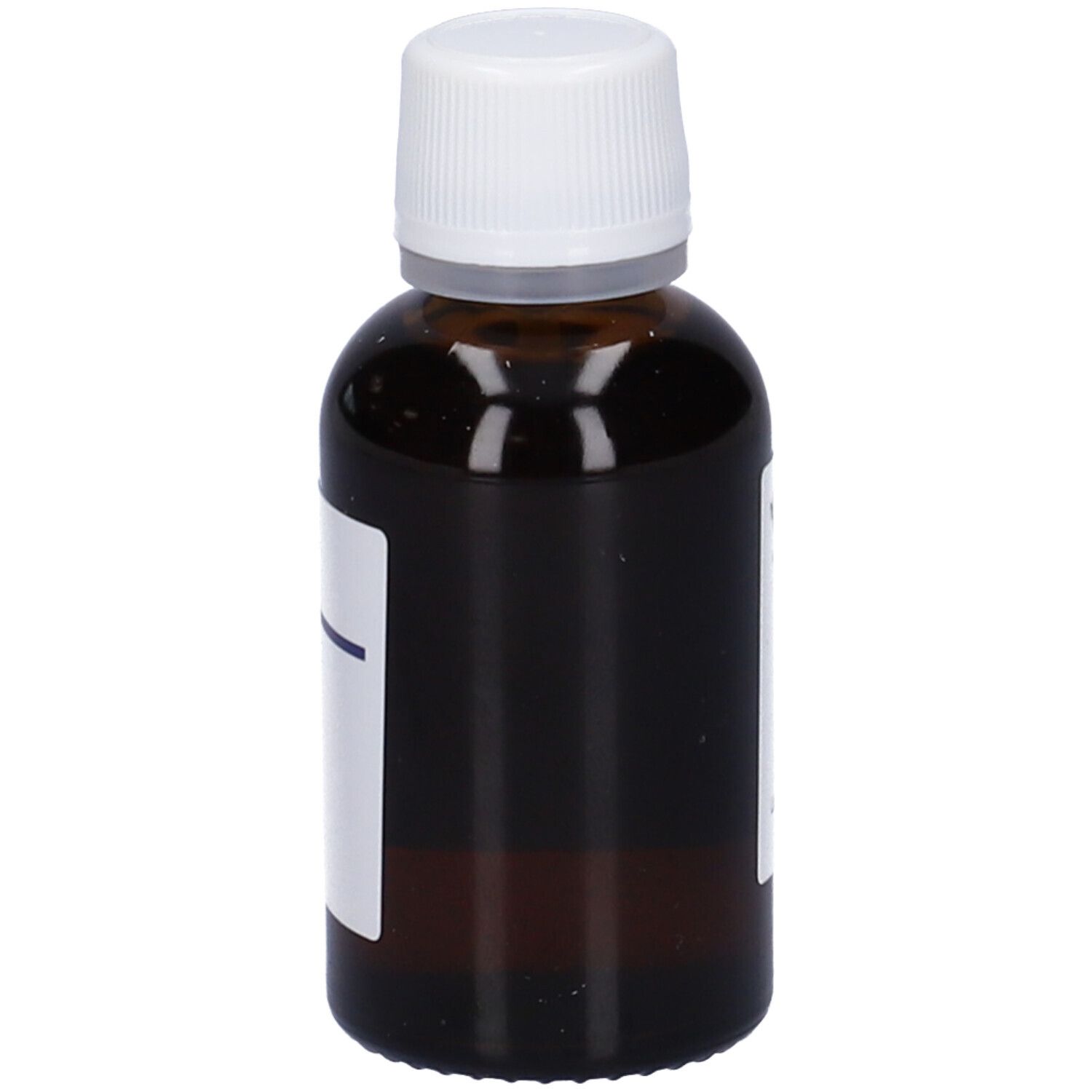Flacone di vetro marrone con tappo bianco ed etichetta. Etichetta con linea blu. Nessun altro dettaglio visibile.