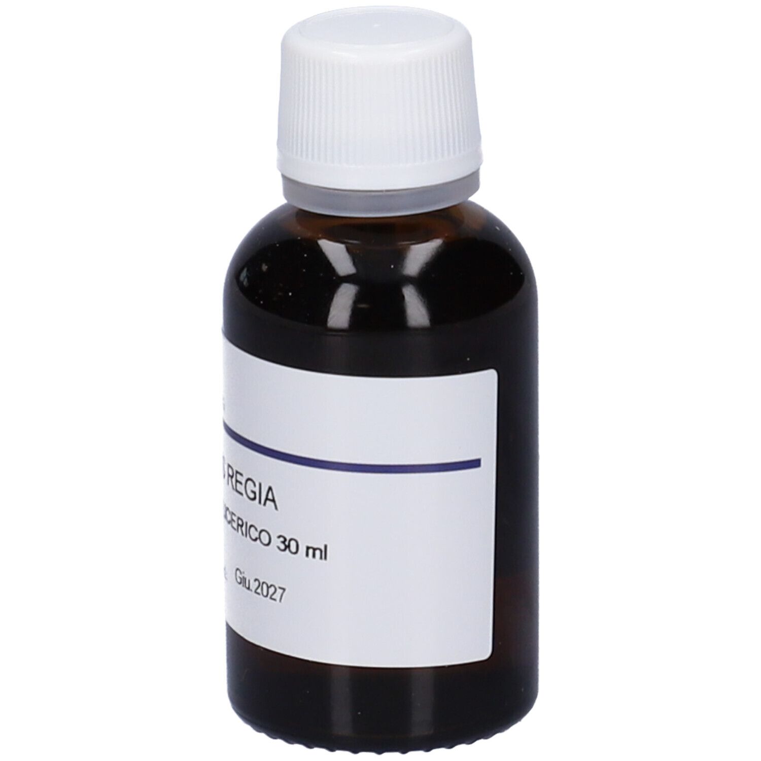 Flacone di vetro marrone con tappo bianco ed etichetta. Scritta: Juglans Regia, Macerato Glicerico, 30 ml. Scadenza.