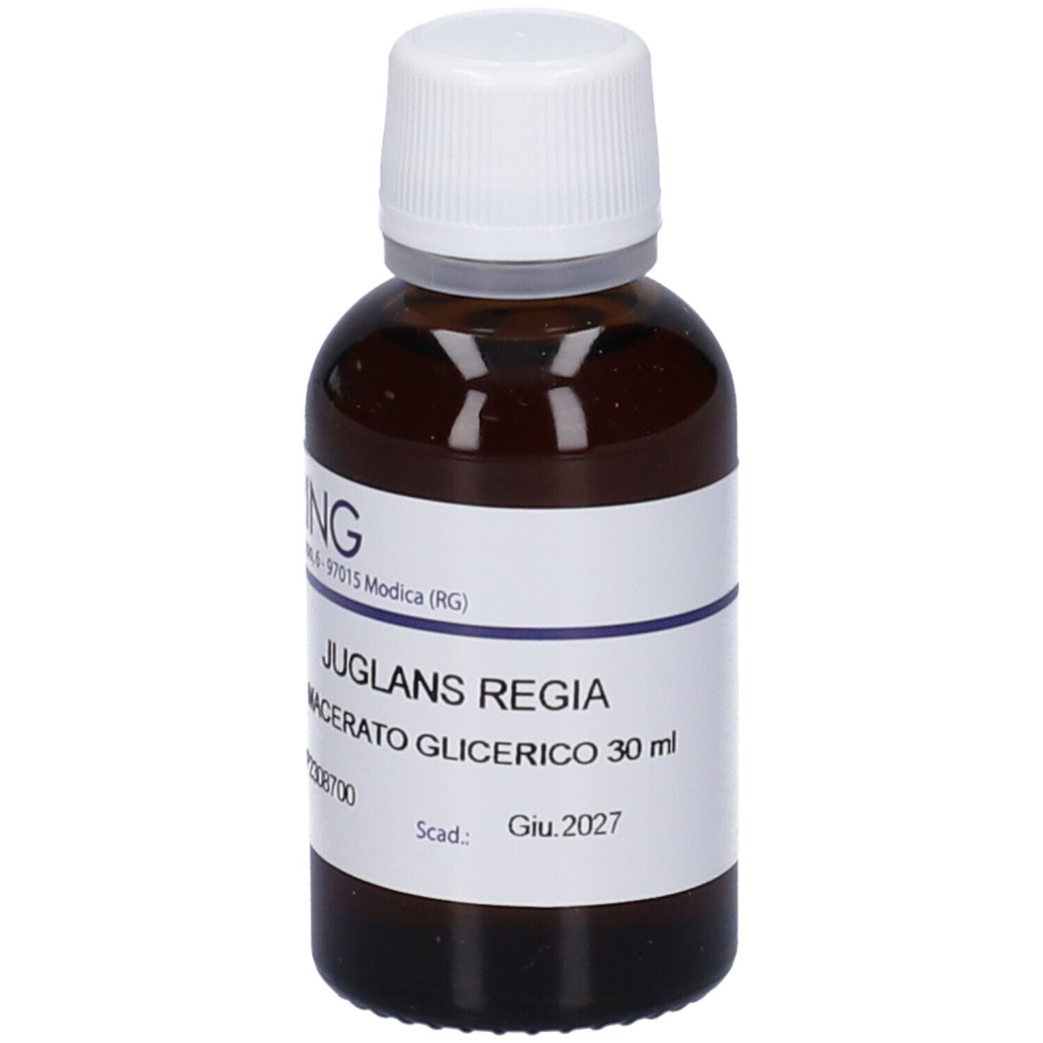 Flacone di vetro marrone con tappo bianco ed etichetta. Scritta: Juglans Regia, Macerato Glicerico, 30 ml. Scadenza.