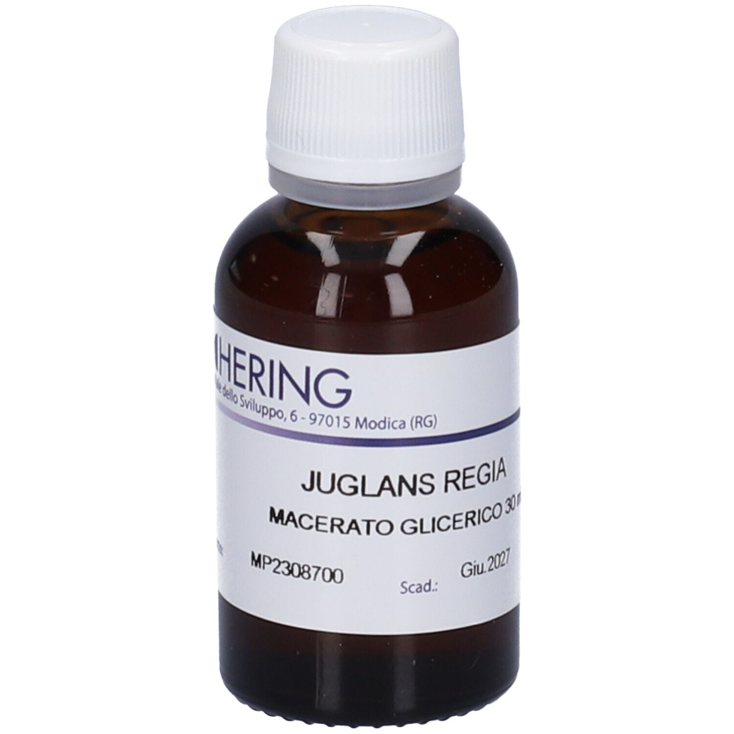 Flacone di vetro marrone con tappo bianco ed etichetta. Scritta: Juglans Regia, Macerato Glicerico, 30 ml. Scadenza.