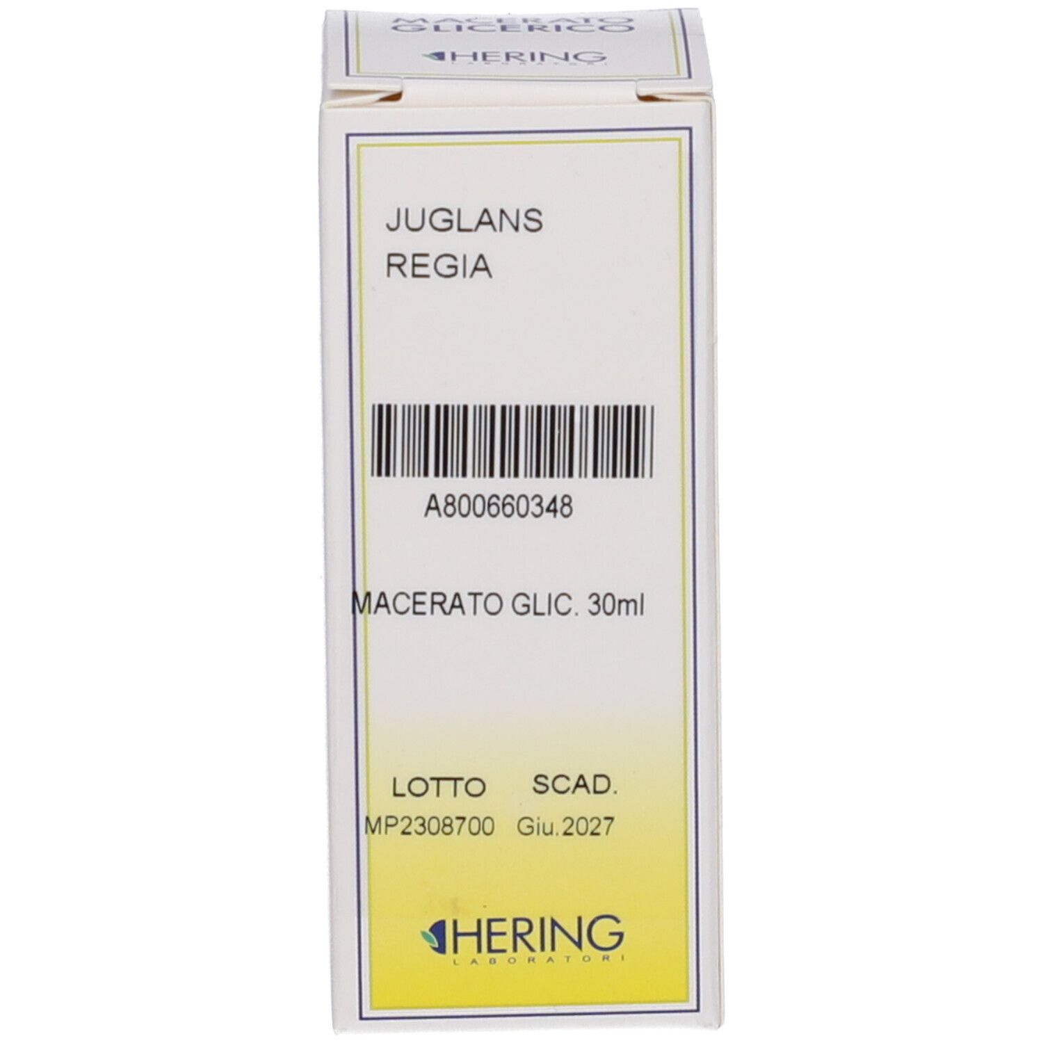 Scatola con scritta: Juglans Regia, Macerato Glicerico, 30 ml. Numero di lotto, scadenza. Marchio HERING.