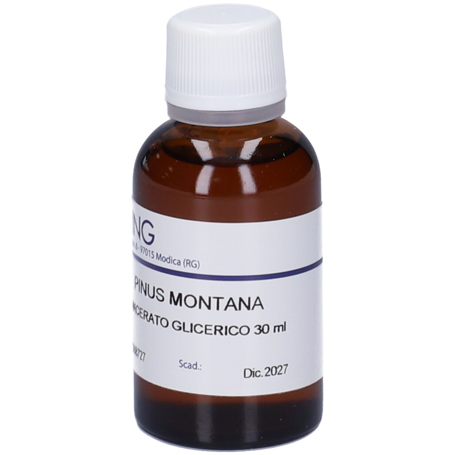Flacone di vetro marrone con tappo bianco. Etichetta con testo: PINUS MONTANA, Macerato Glicerico 30 ml. Scadenza: Dic. 2027.