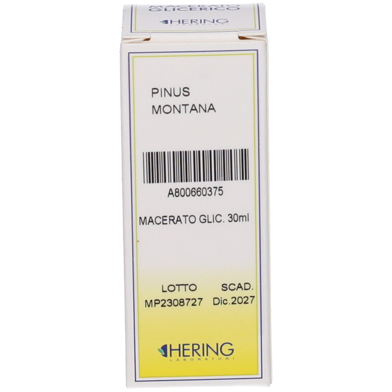 Scatola con testo: PINUS MONTANA, Macerato Glic. 30ml. Numero di lotto e scadenza: Dic. 2027. Logo HERING.