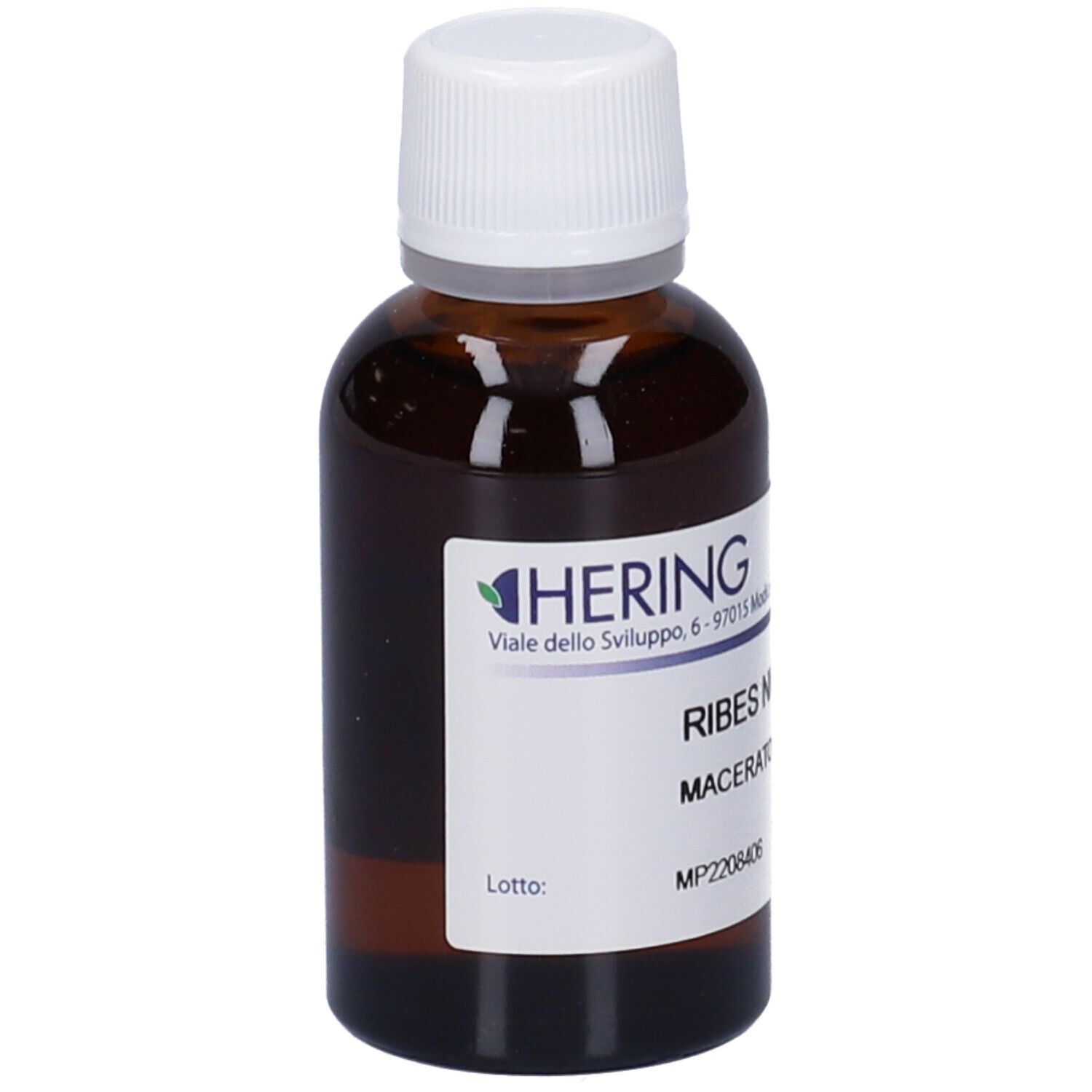 Flacone di vetro marrone con tappo bianco ed etichetta. Scritta: HERING, Ribes Nigrum, Macerato. Etichetta con testo.