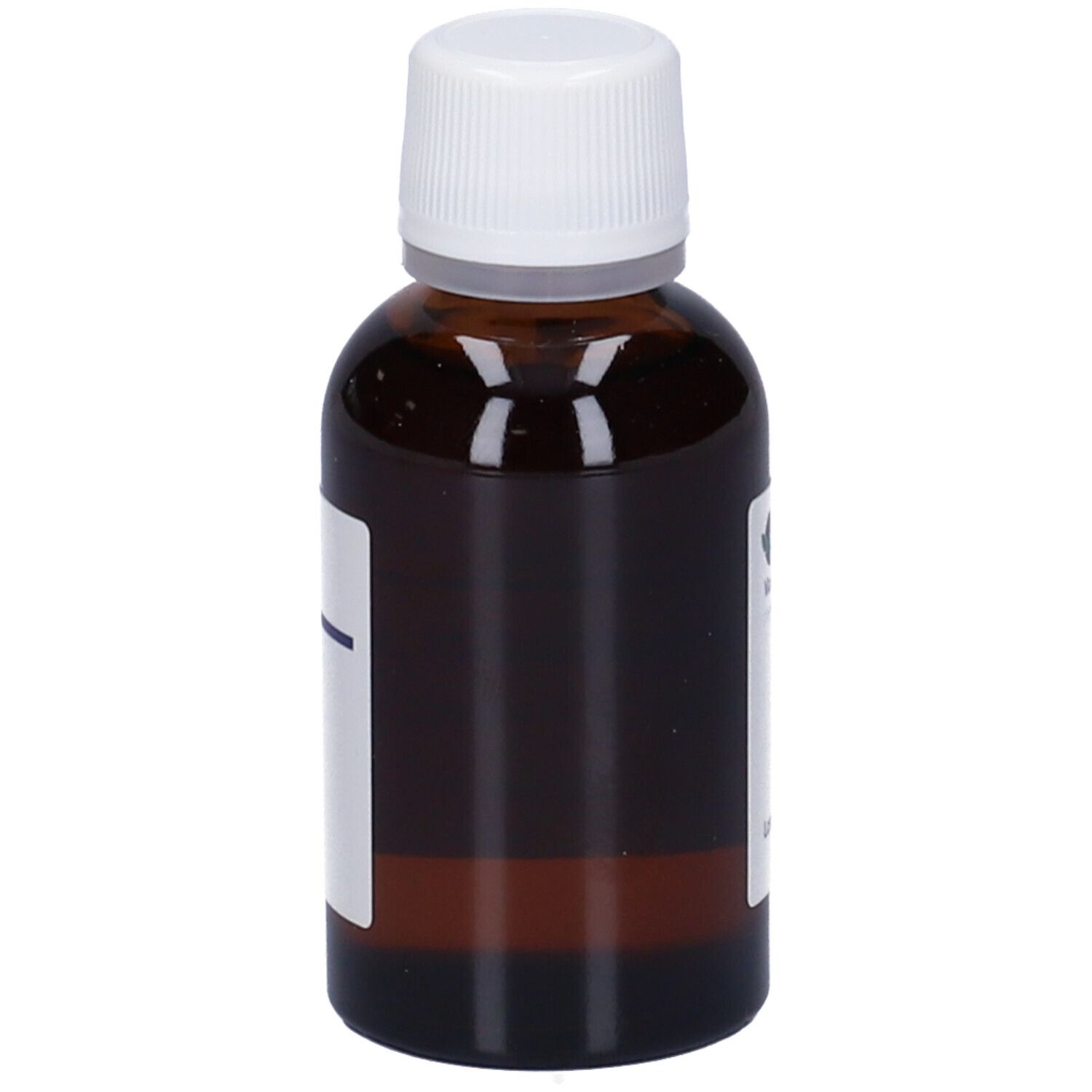 Flacone di vetro marrone con tappo bianco ed etichetta. Etichetta con testo. Flacone in posizione verticale.