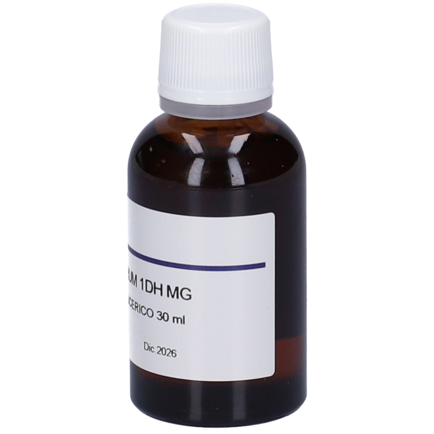 Flacone di vetro marrone con tappo bianco ed etichetta. Scritta: Ribes Nigrum 1DH MG, Macerato Glicerico. 30 ml.