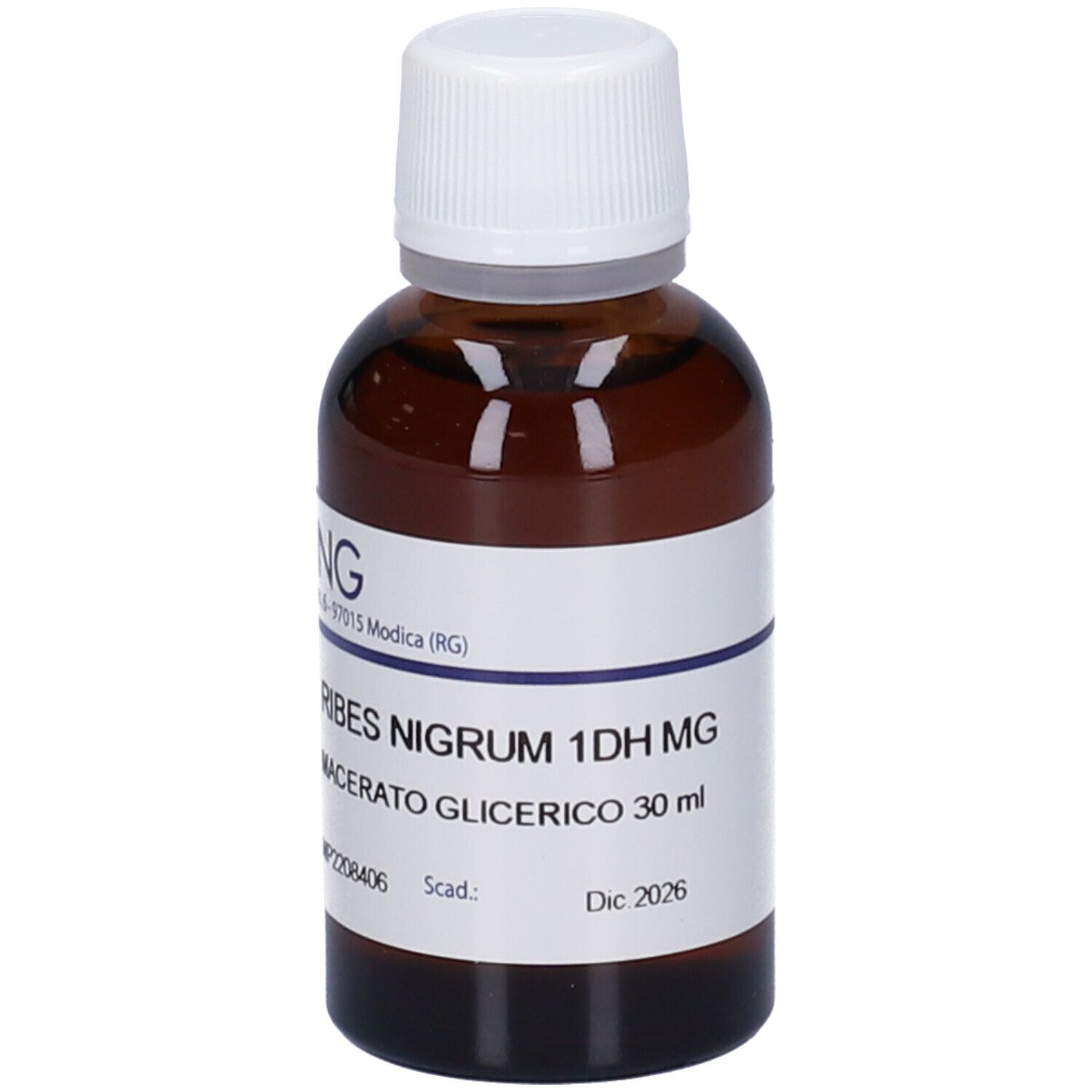 Flacone di vetro marrone con tappo bianco ed etichetta. Scritta: Ribes Nigrum 1DH MG, Macerato Glicerico. Marchio HERING.